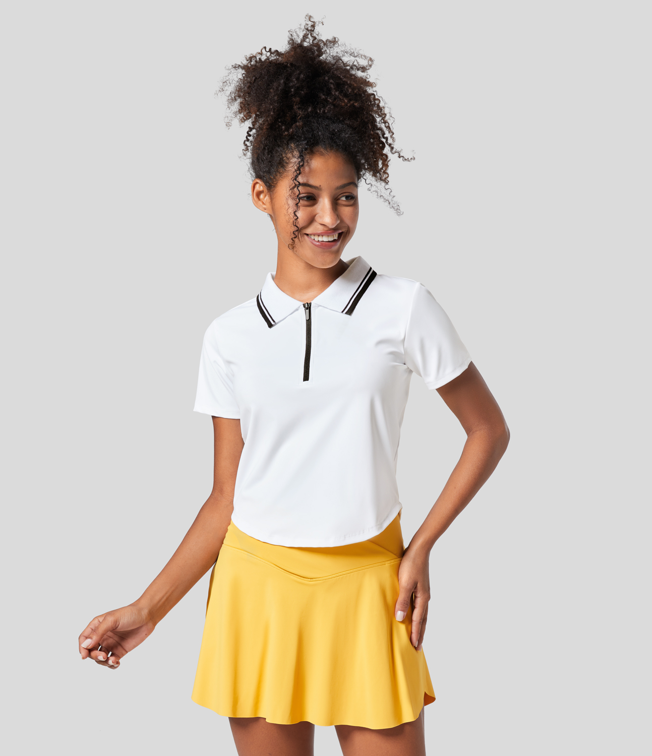 Halara Collared Zipper Short Sleeve Curved Hem Color Block Tennis Sports Top  - White - M 