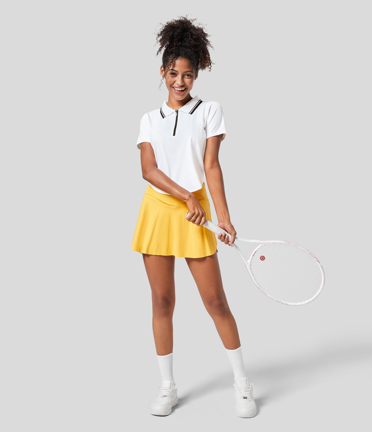 Halara Collared Zipper Short Sleeve Curved Hem Color Block Tennis Sports Top  - White - M 