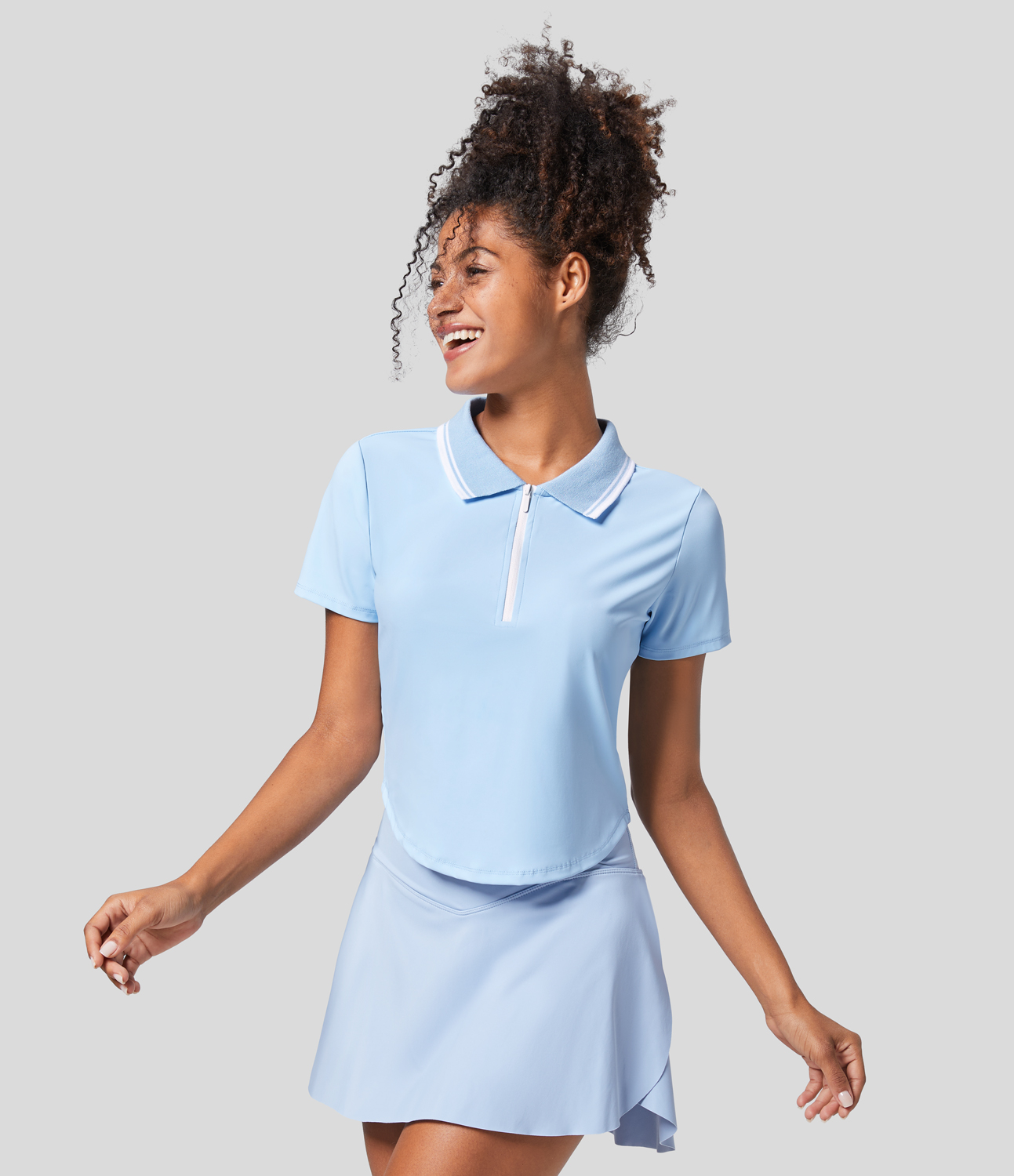 Halara Collared Zipper Short Sleeve Curved Hem Color Block Tennis Sports Top  - Wathet Blue - M 