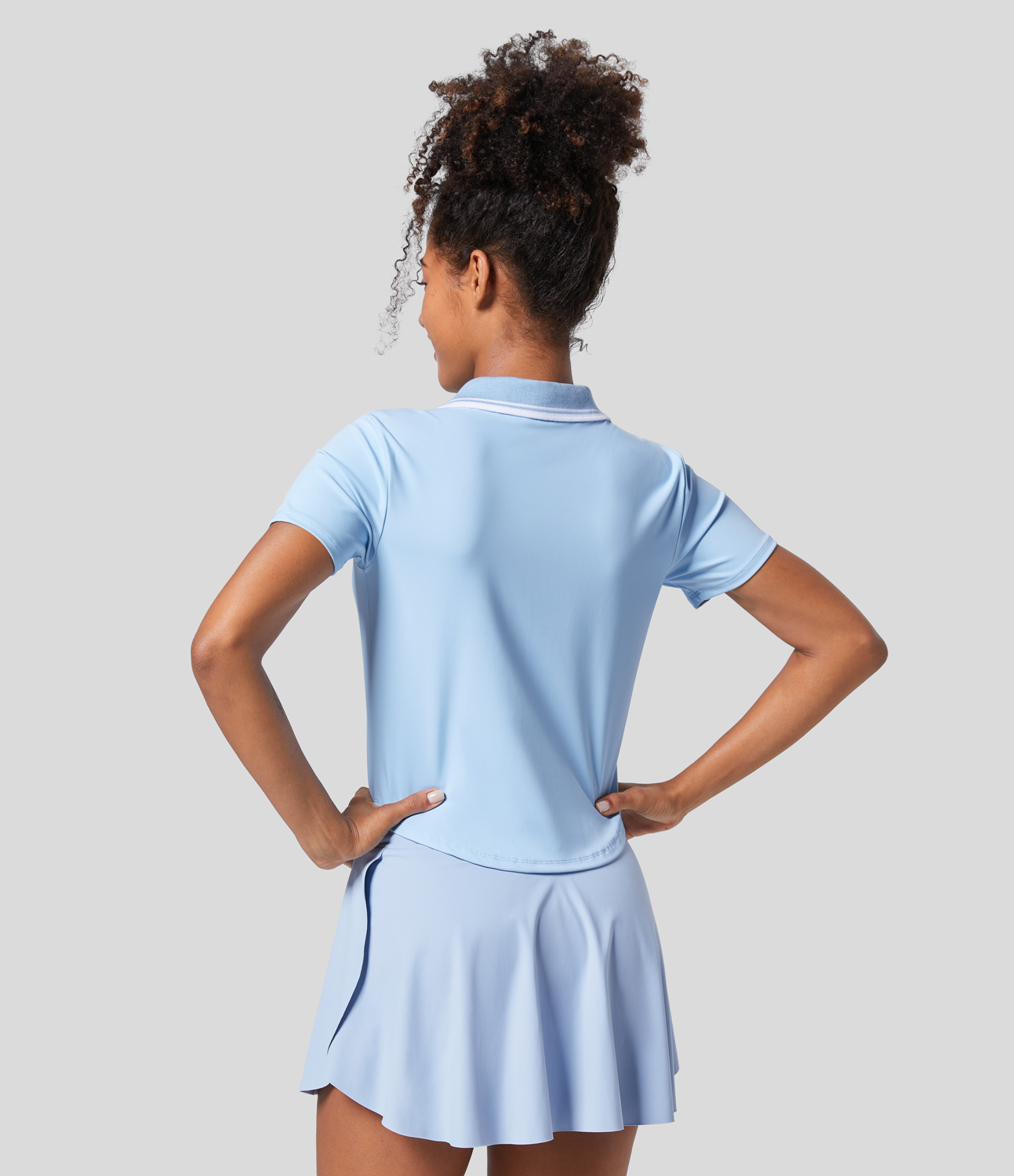 Halara Collared Zipper Short Sleeve Curved Hem Color Block Tennis Sports Top  - Wathet Blue - M 