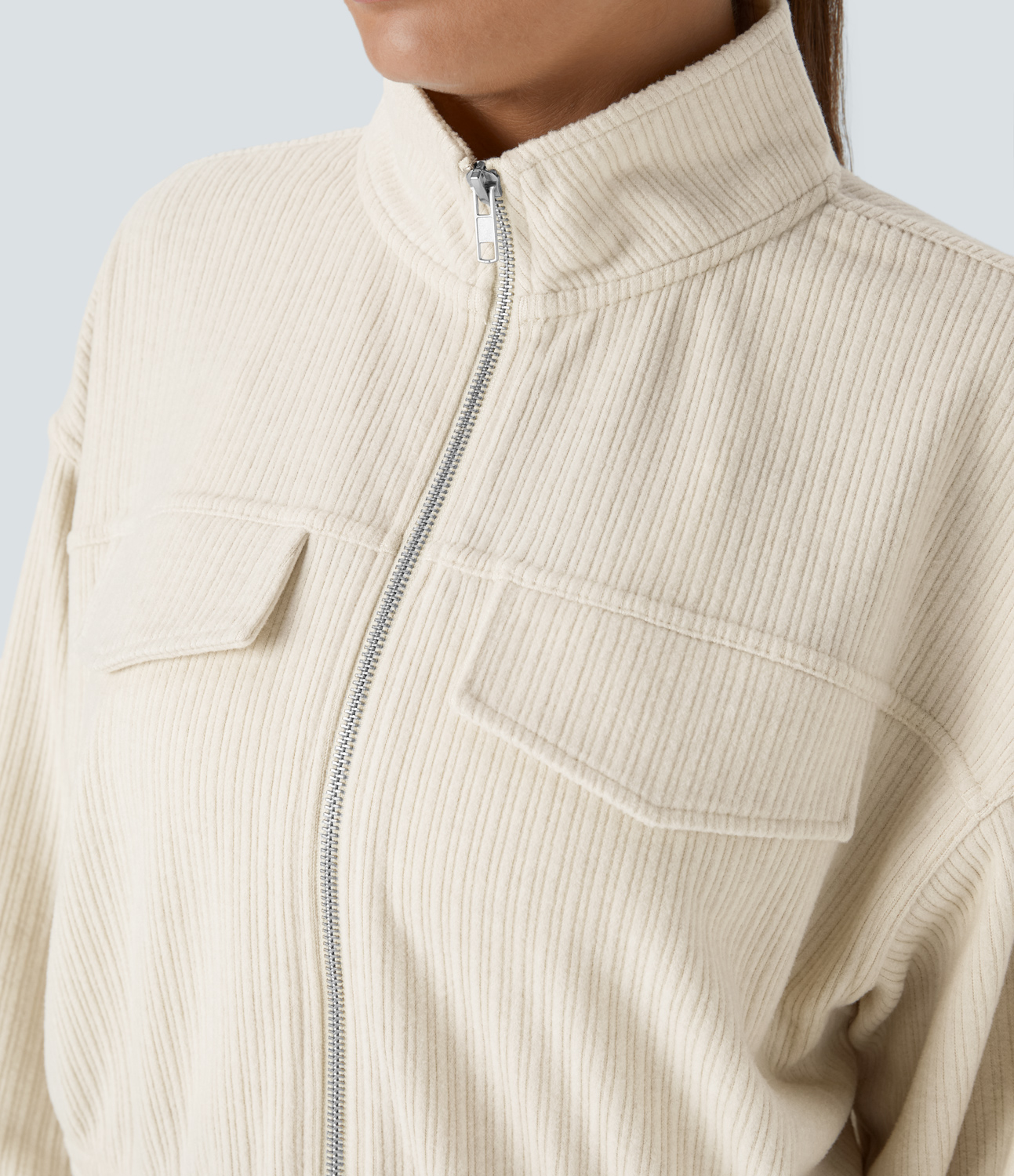 Halara Ribbed Stand Collar Zipper Long Sleeve Casual Jacket  - Whisper White - XS 