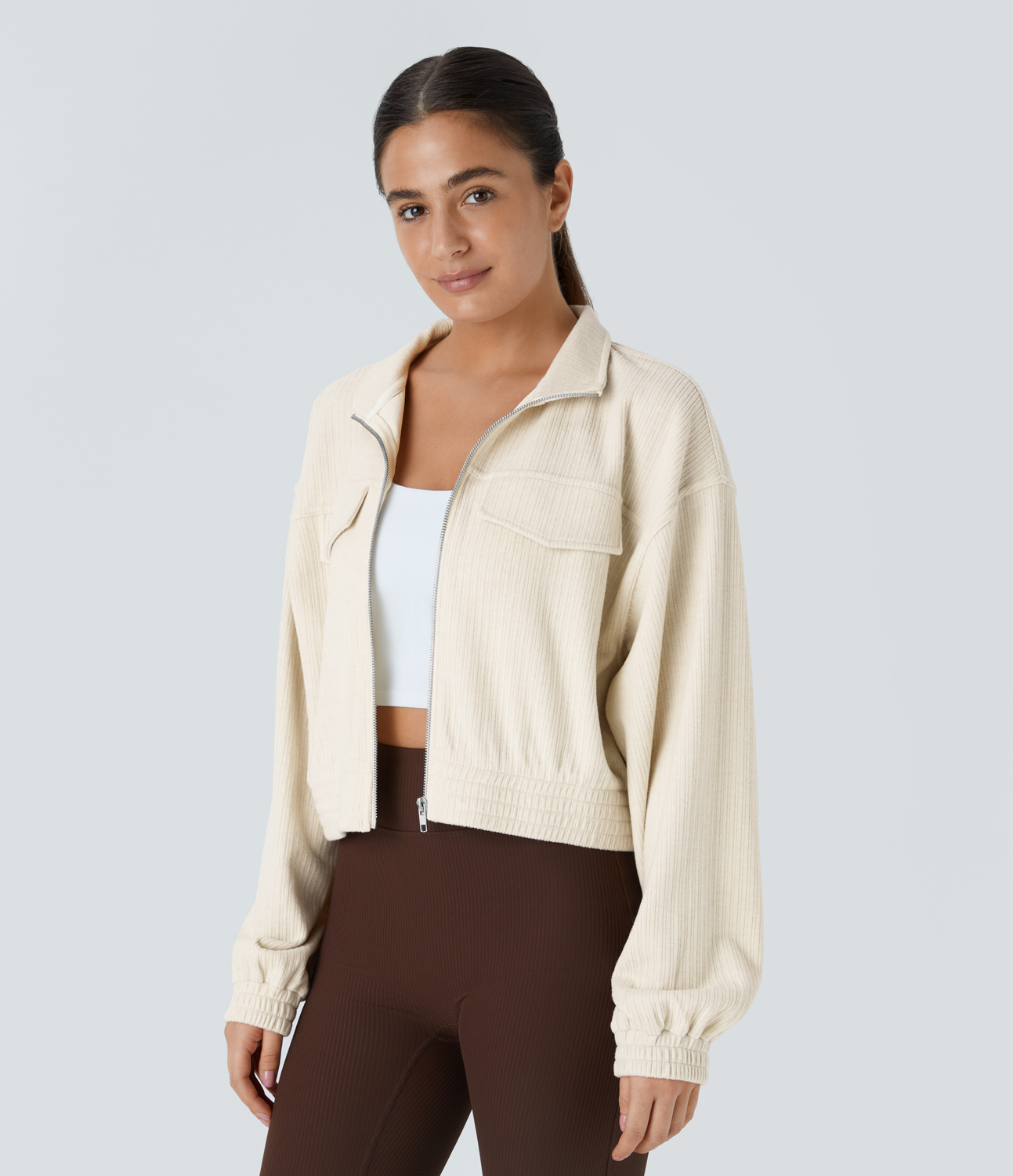 Halara Ribbed Stand Collar Zipper Long Sleeve Casual Jacket  - Whisper White - XS 