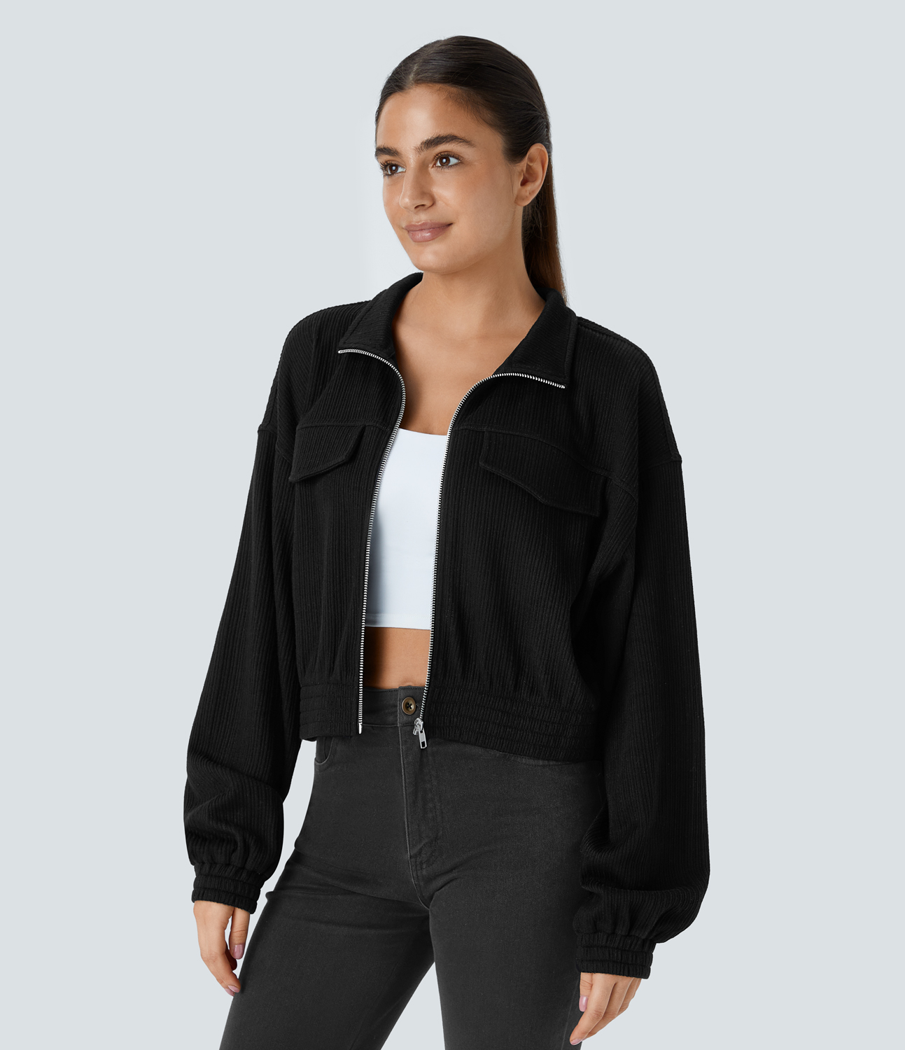 Halara Ribbed Stand Collar Zipper Long Sleeve Casual Jacket  - Black - L 