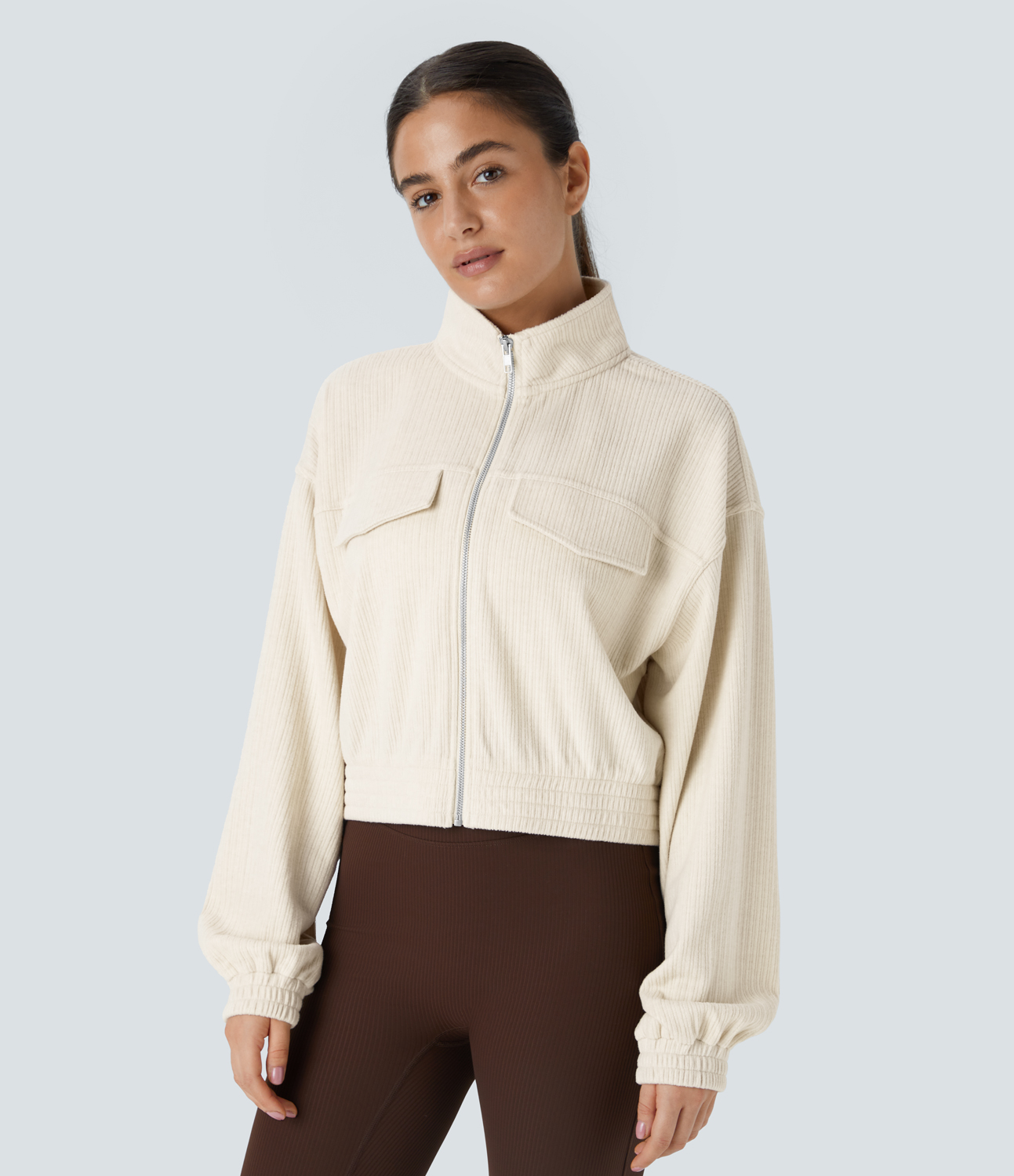Halara Ribbed Stand Collar Zipper Long Sleeve Casual Jacket  - Whisper White - XS 