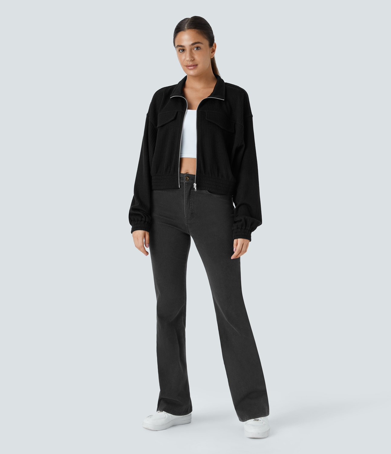Halara Ribbed Stand Collar Zipper Long Sleeve Casual Jacket  - Black - L 