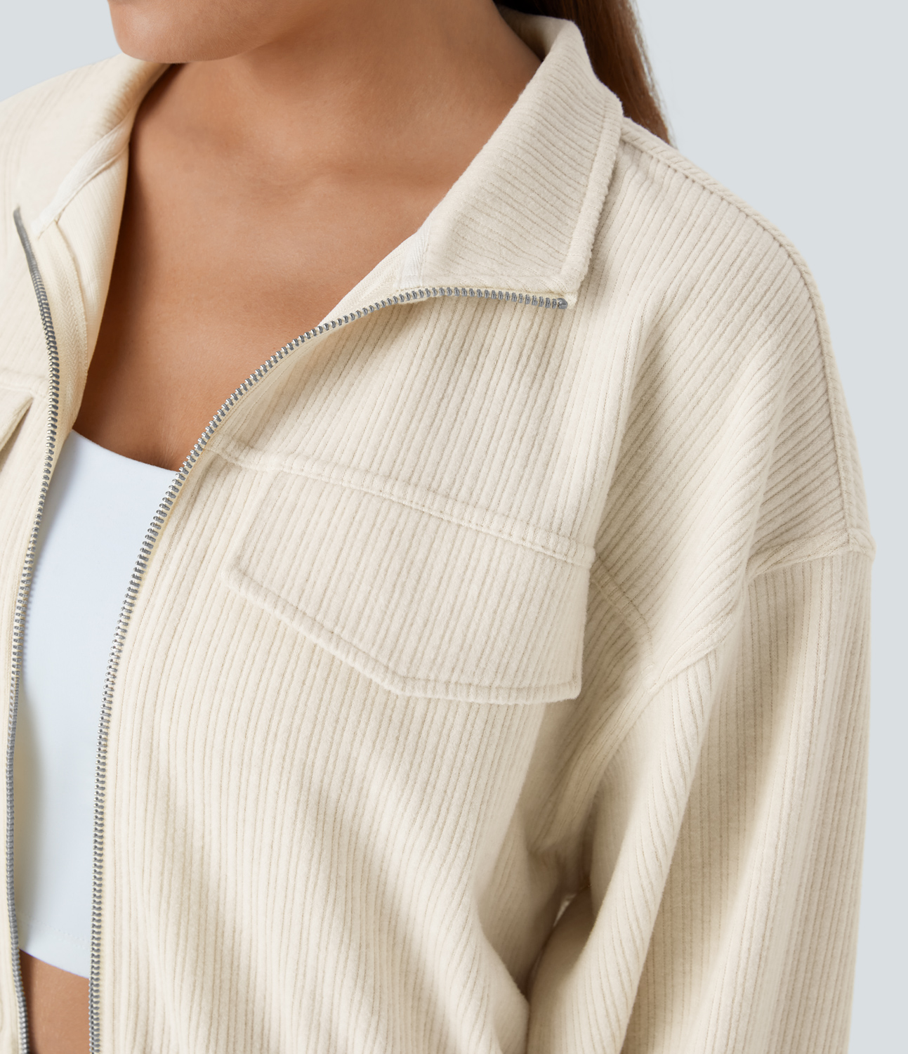 Halara Ribbed Stand Collar Zipper Long Sleeve Casual Jacket  - Whisper White - XS 