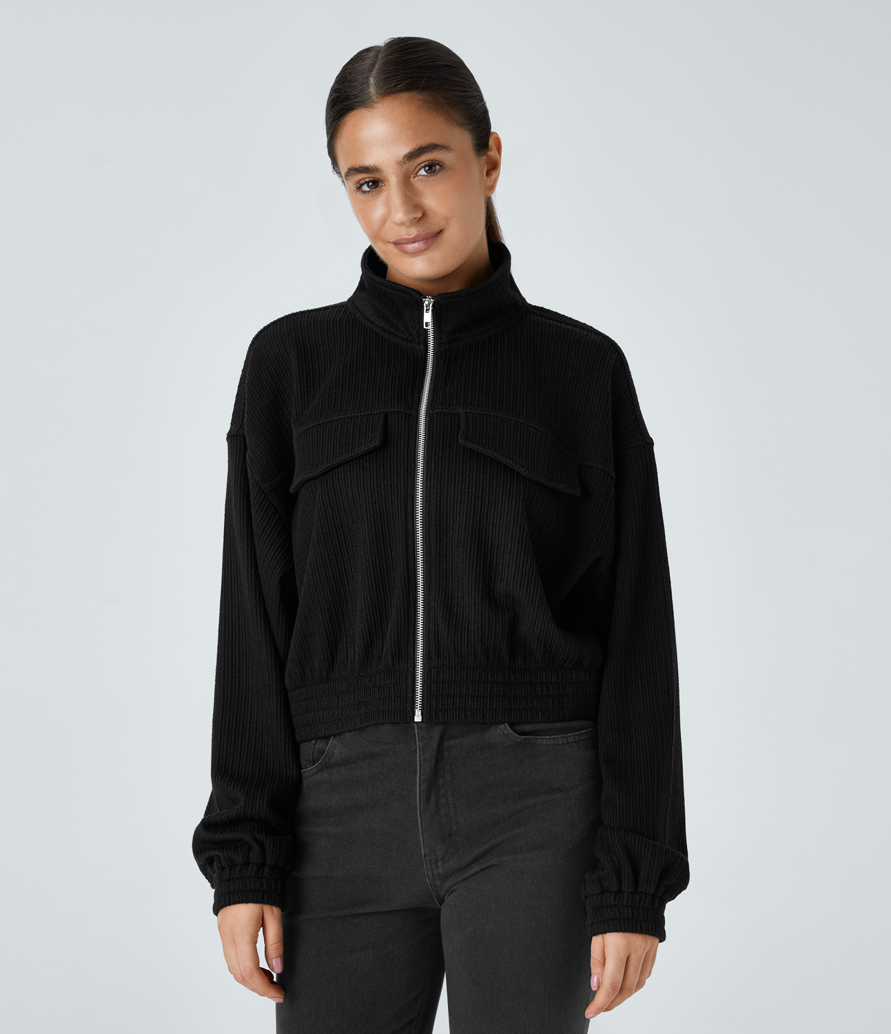 Halara Ribbed Stand Collar Zipper Long Sleeve Casual Jacket  - Black - L 