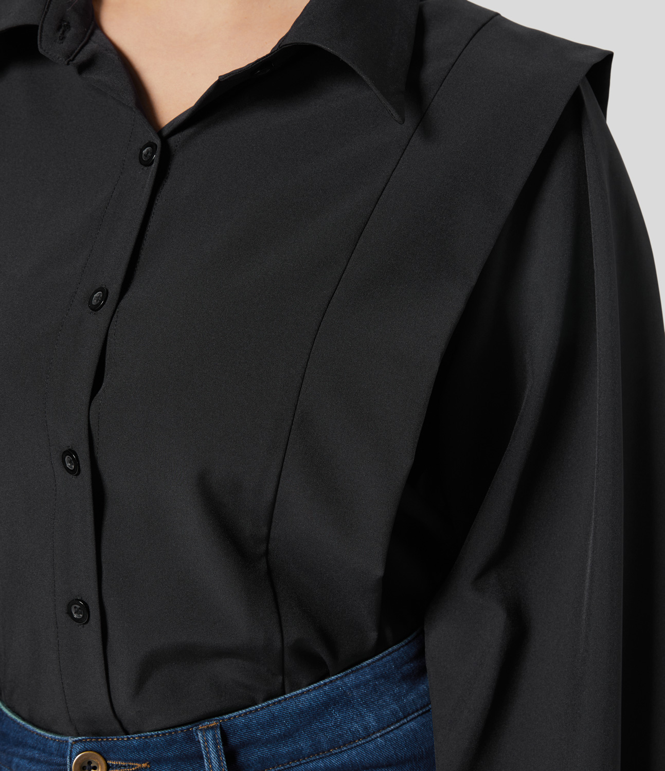 Halara Collared Button Long Sleeve Casual Shirt  - Black - M 