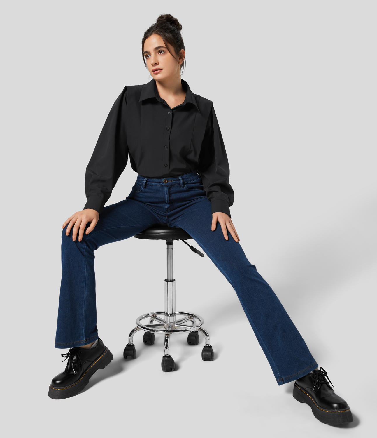 Halara Collared Button Long Sleeve Casual Shirt  - Black - M 