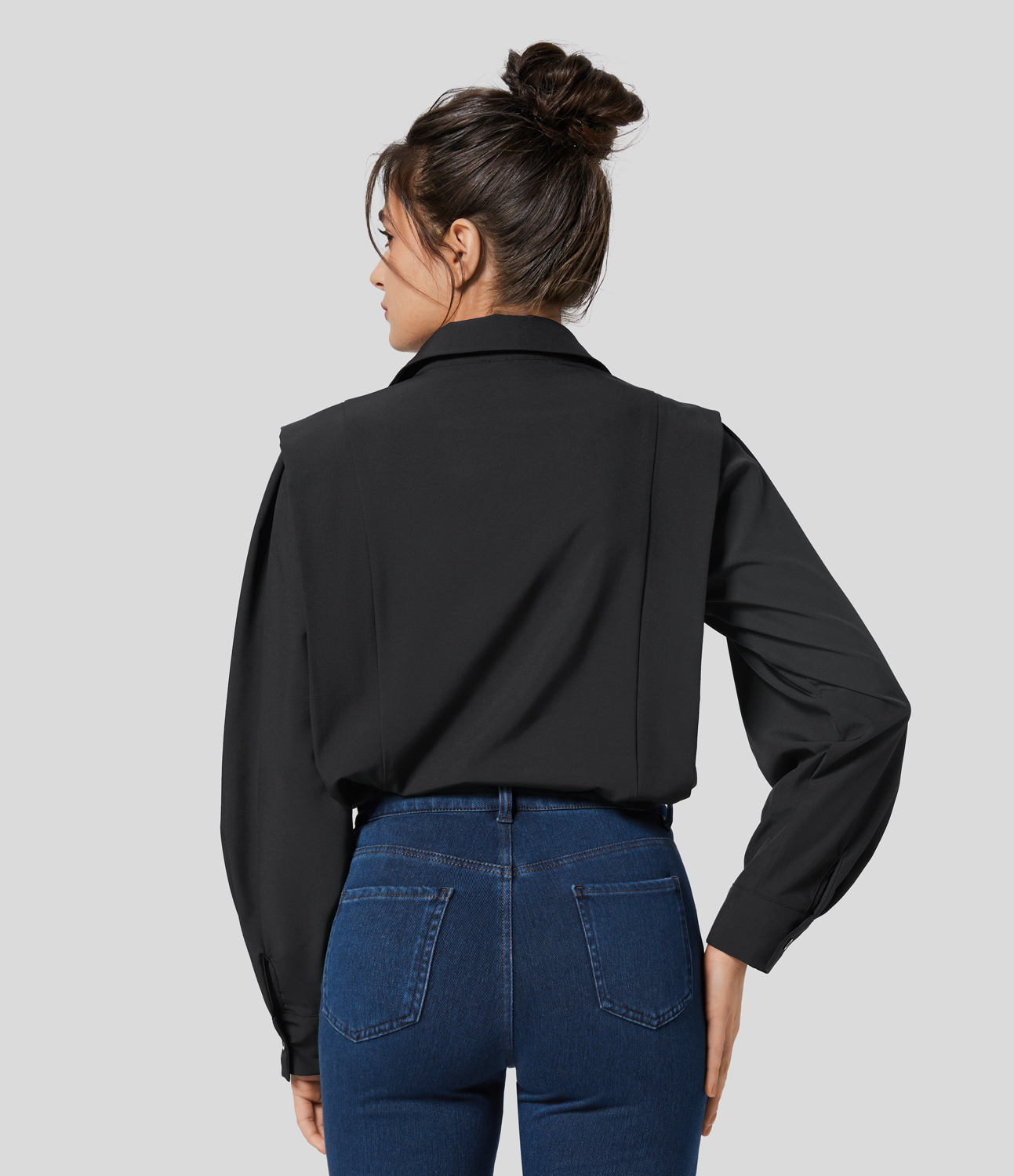 Halara Collared Button Long Sleeve Casual Shirt  - Black - M 