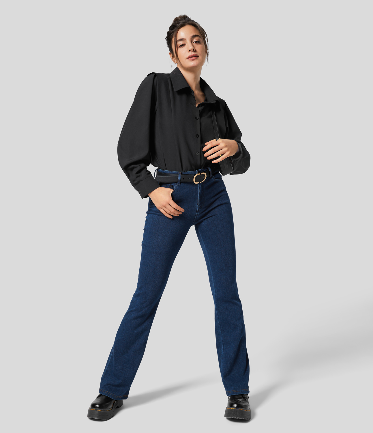 Halara Collared Button Long Sleeve Casual Shirt  - Black - M 