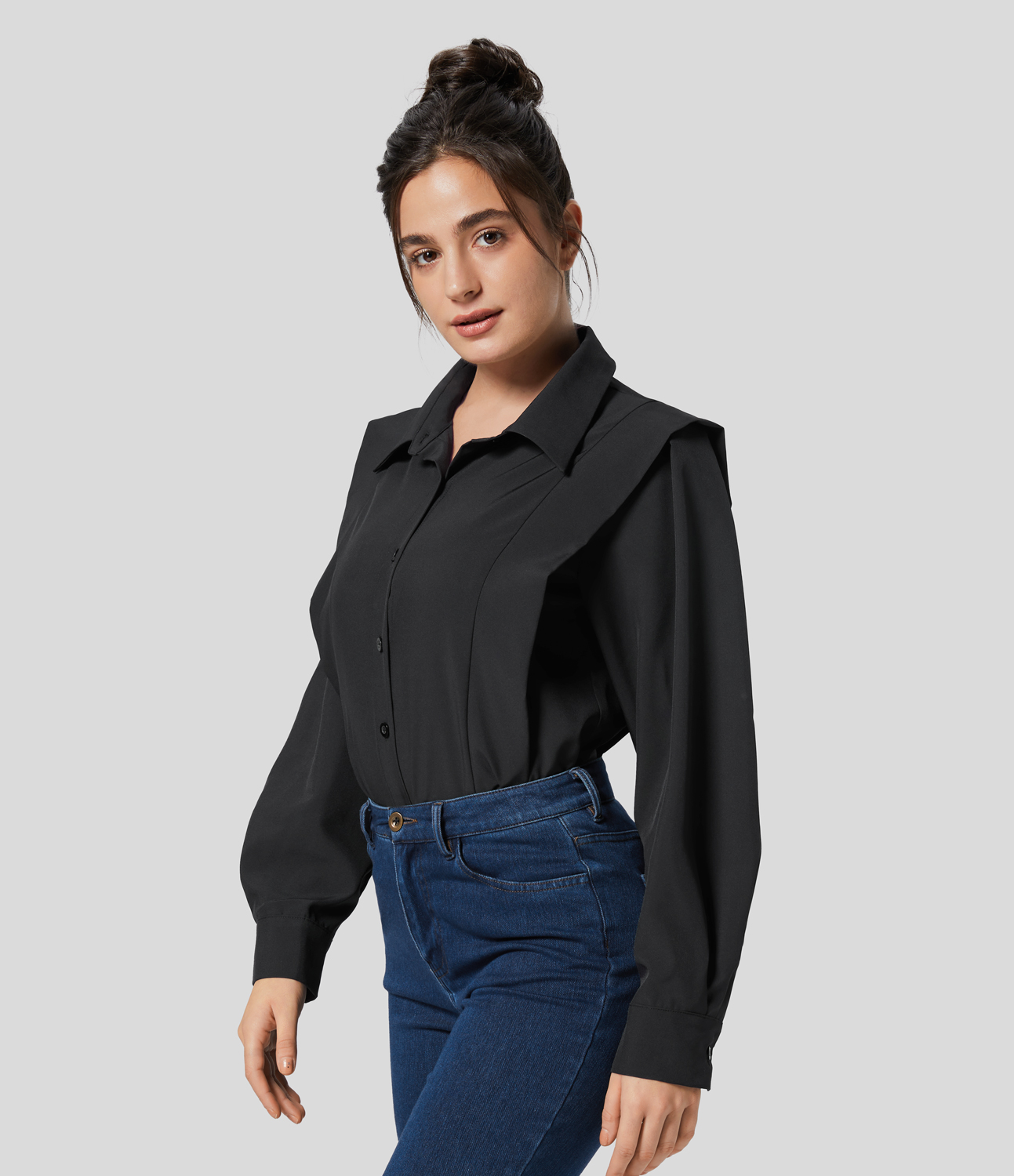 Halara Collared Button Long Sleeve Casual Shirt  - Black - M 