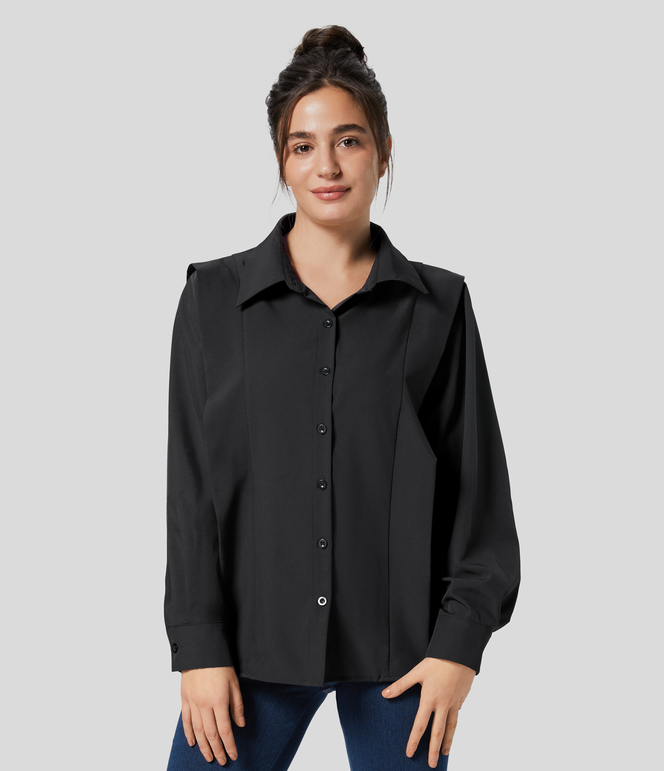 Halara Collared Button Long Sleeve Casual Shirt  - Black - M 