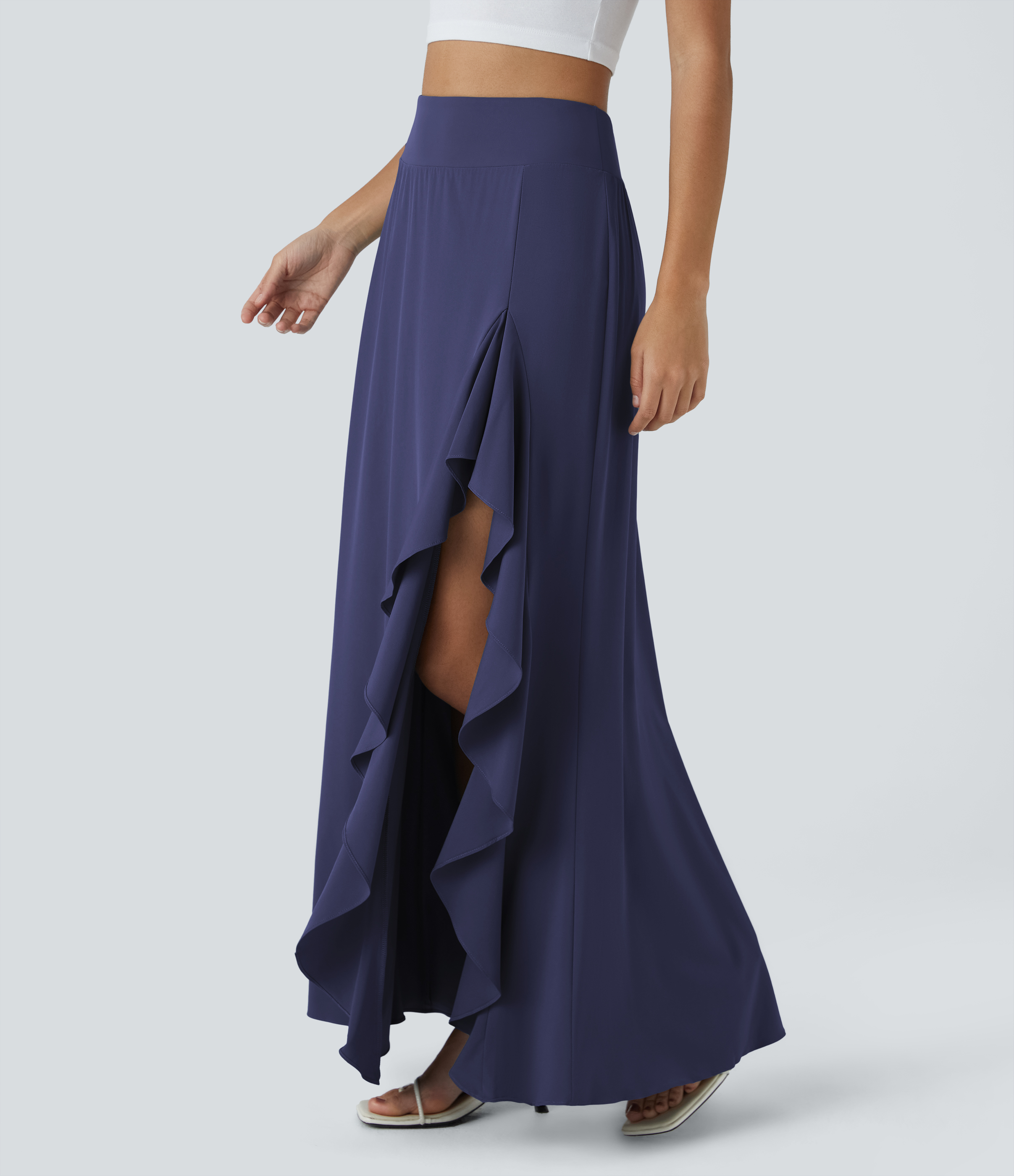 Halara Breezefulв„ў High Waisted Asymmetric Ruffle Trim Split Hem 2-in-1 Maxi Quick Dry Casual Skirt  - Patriot Blue - XL(regular) 