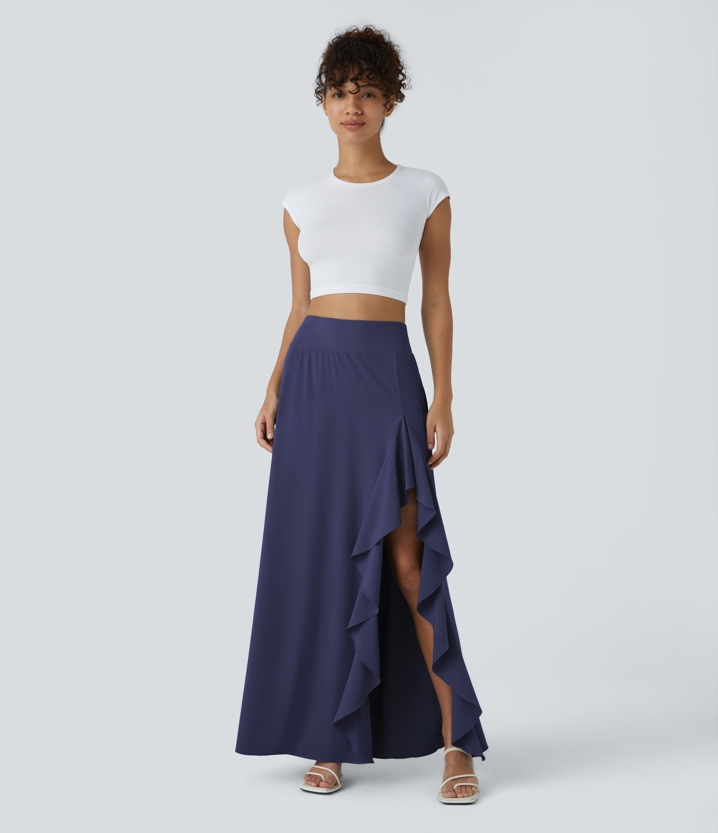 Halara Breezefulв„ў High Waisted Asymmetric Ruffle Trim Split Hem 2-in-1 Maxi Quick Dry Casual Skirt  - Patriot Blue - XL(regular) 