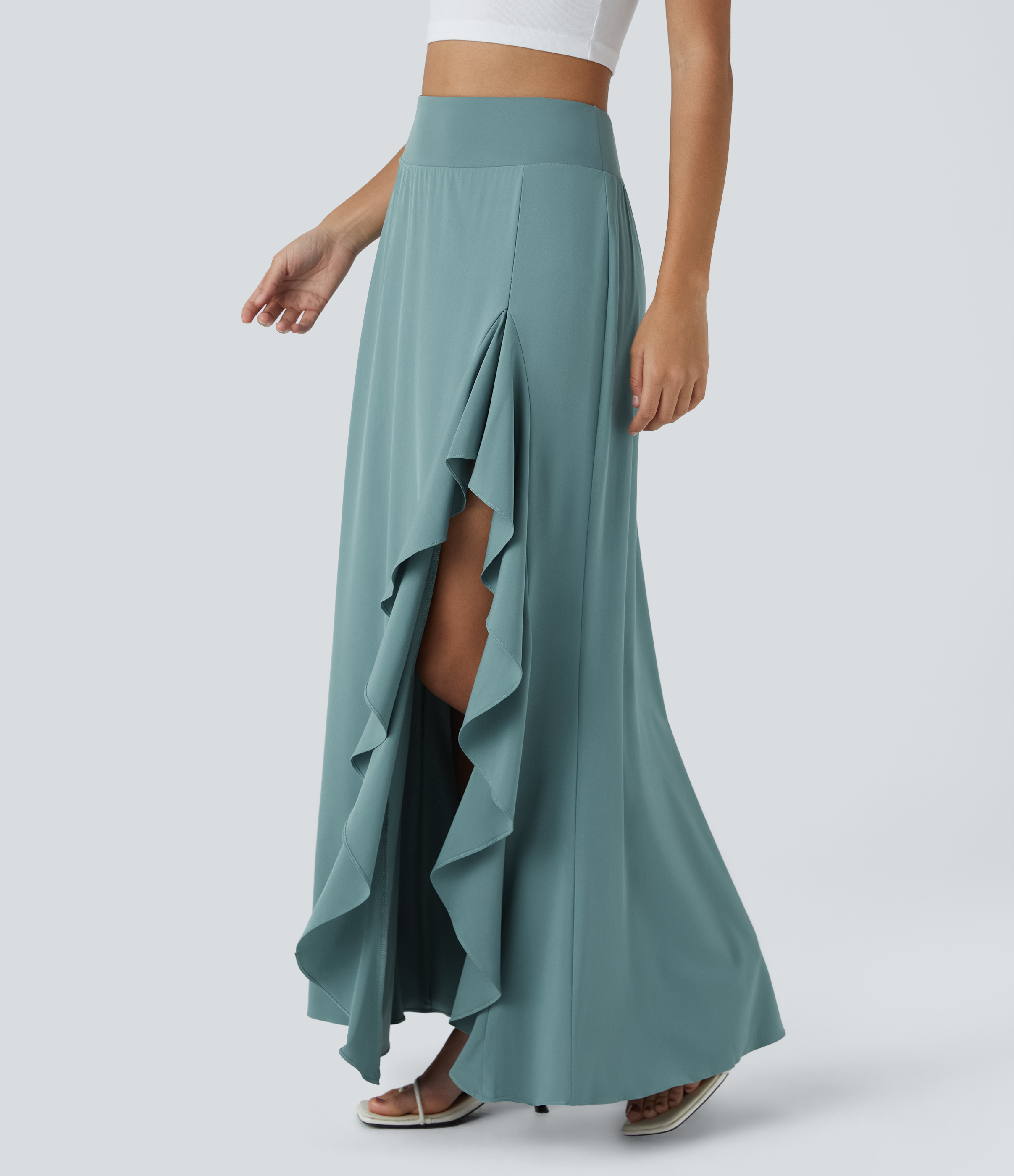 Halara Breezefulв„ў High Waisted Asymmetric Ruffle Trim Split Hem 2-in-1 Maxi Quick Dry Casual Skirt  - Stone Blue - S(regular) 