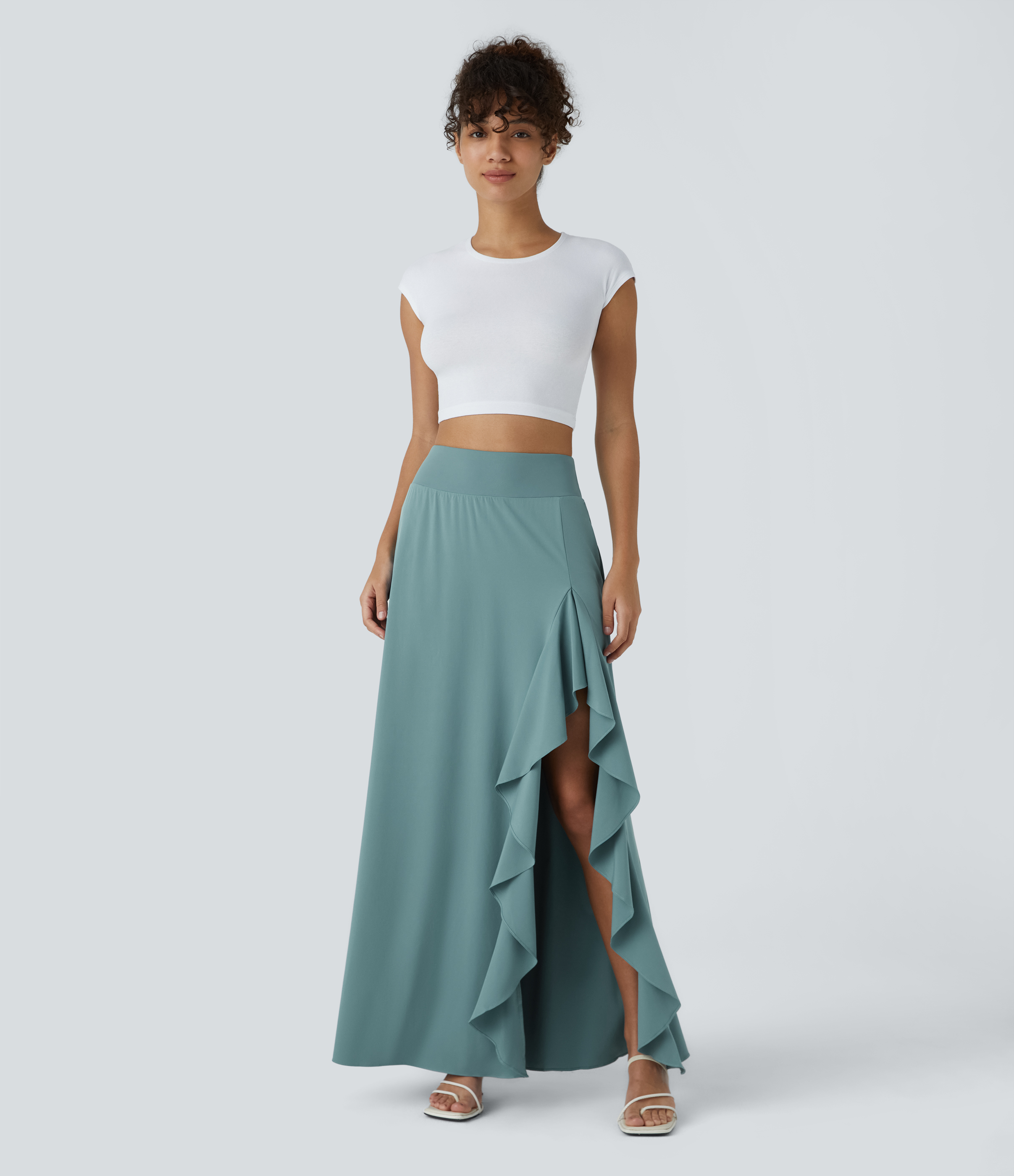 Halara Breezefulв„ў High Waisted Asymmetric Ruffle Trim Split Hem 2-in-1 Maxi Quick Dry Casual Skirt  - Stone Blue - S(regular) 