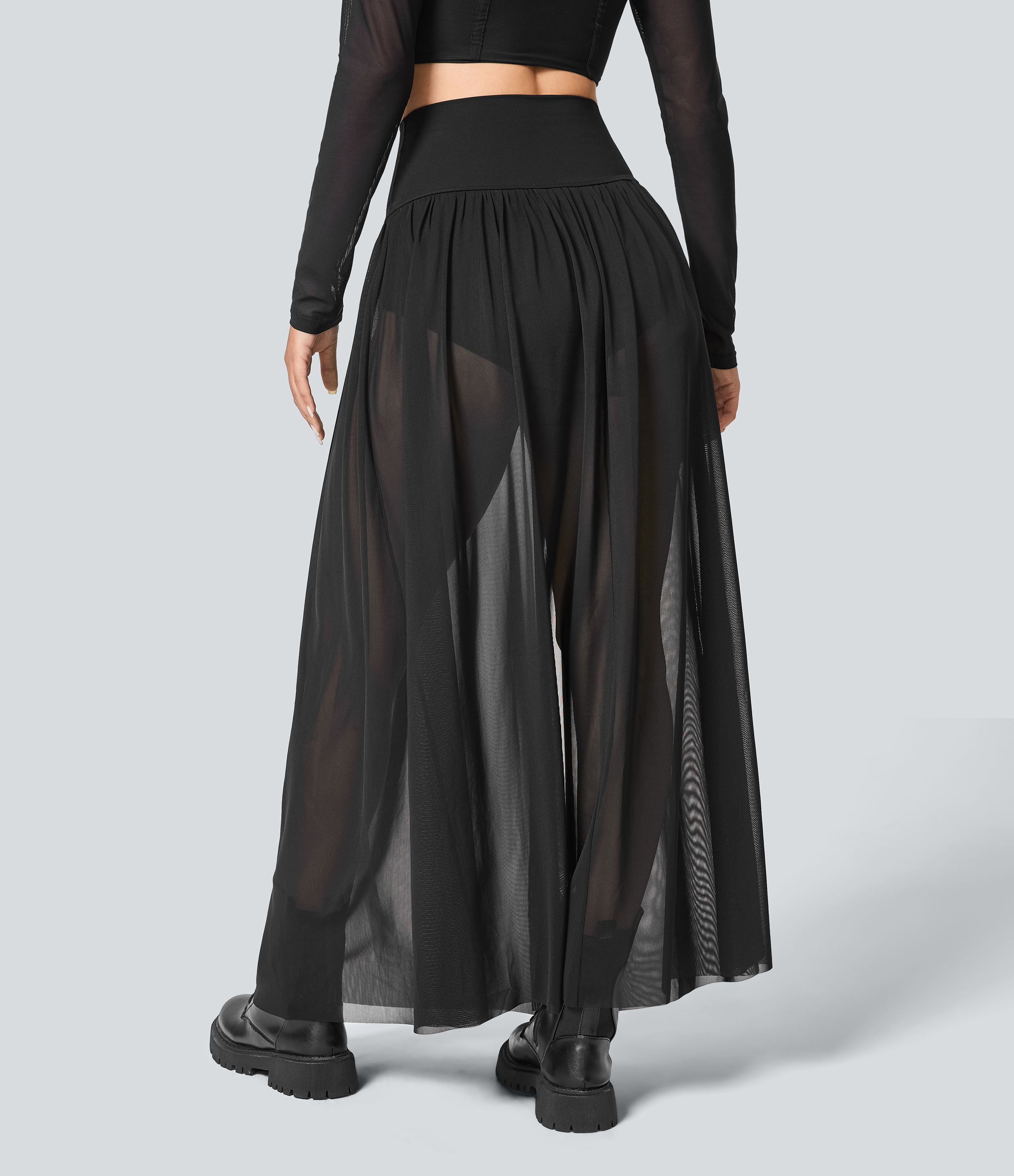 Halara High Waisted Plicated Split 2-in-1 Mesh Flowy Maxi Casual Skirt  - Black - S(regular) 