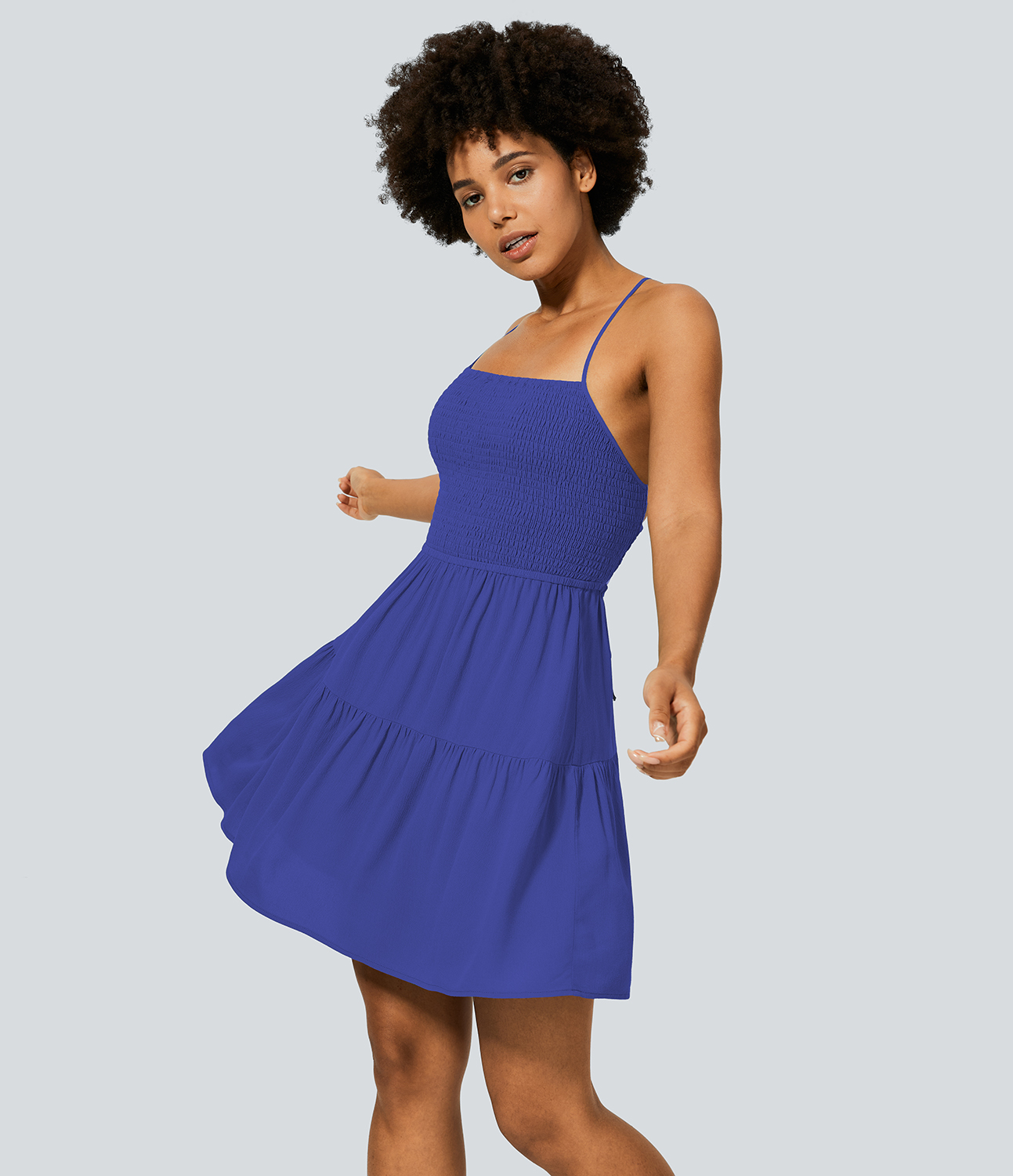 Halara Backless Crisscross Adjustable Strap Shirred Plicated Flowy Mini Linen-Feel Casual Dress Casual Dress - Royal Blue - XL slip dress 