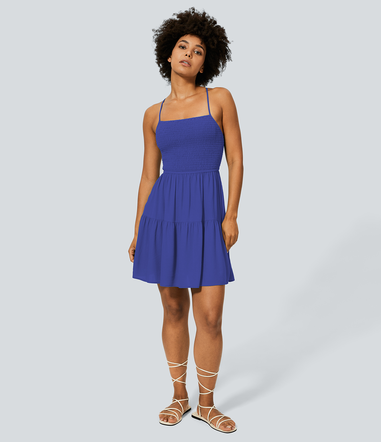 Halara Backless Crisscross Adjustable Strap Shirred Plicated Flowy Mini Linen-Feel Casual Dress Casual Dress - Royal Blue - XL slip dress 