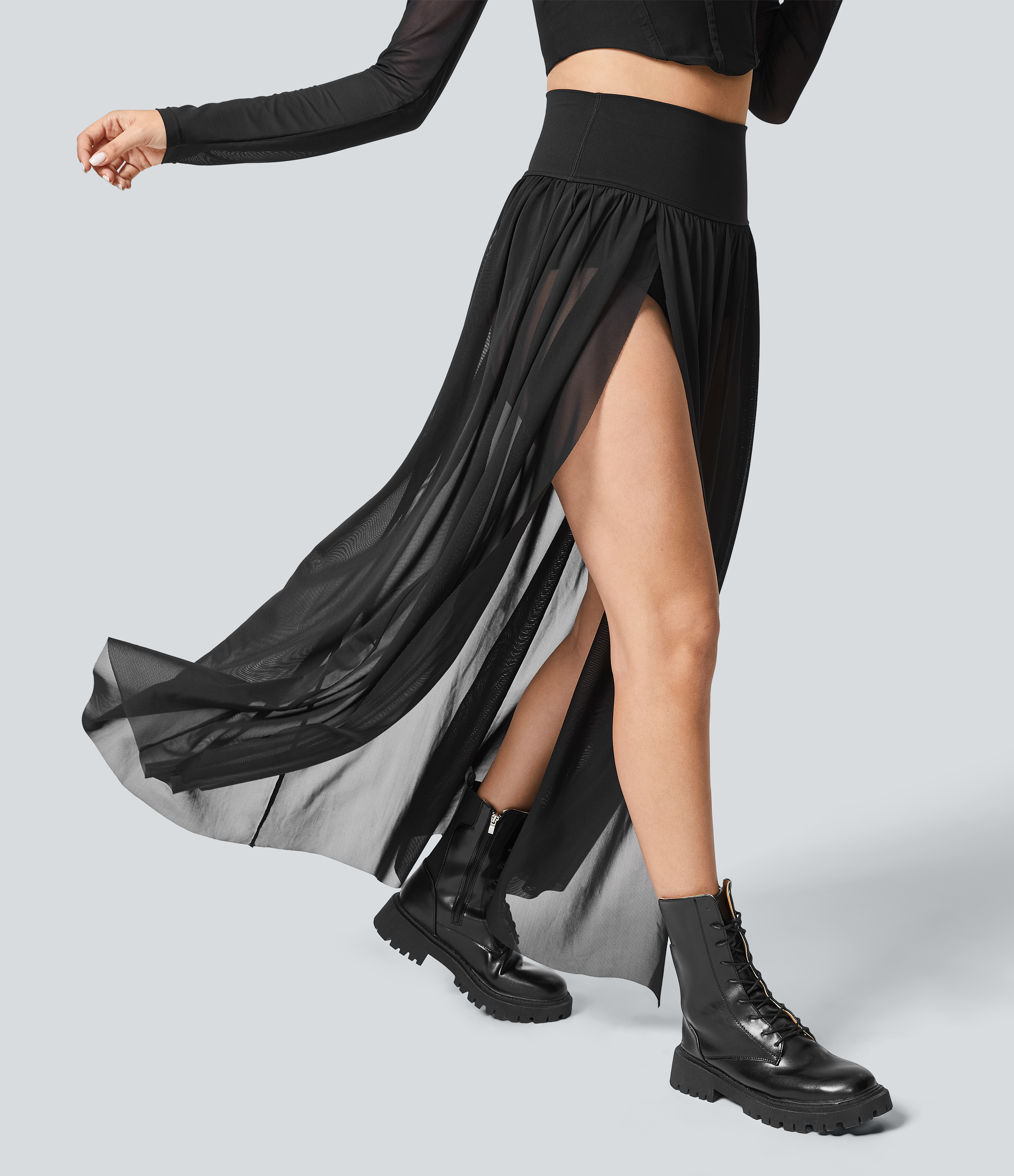 Halara High Waisted Plicated Split 2-in-1 Mesh Flowy Maxi Casual Skirt  - Black - S(regular) 