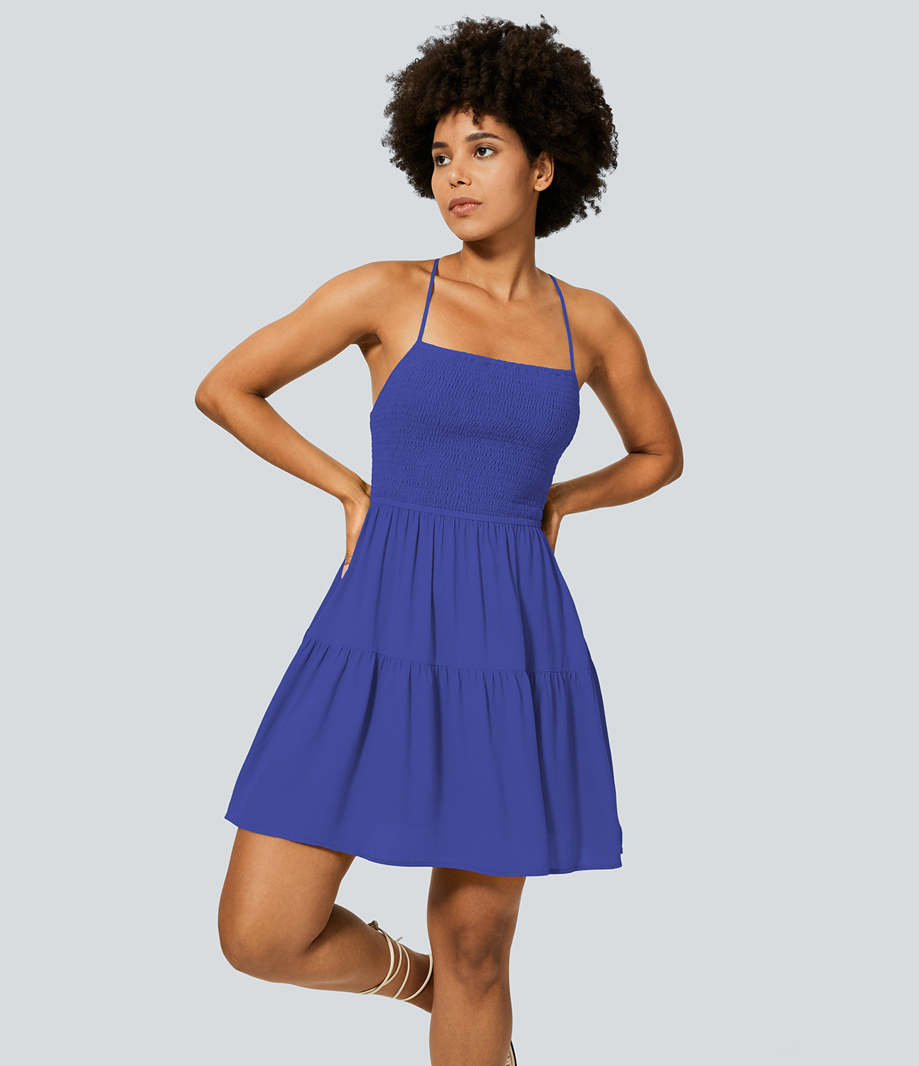 Halara Backless Crisscross Adjustable Strap Shirred Plicated Flowy Mini Linen-Feel Casual Dress Casual Dress - Royal Blue - XL slip dress 
