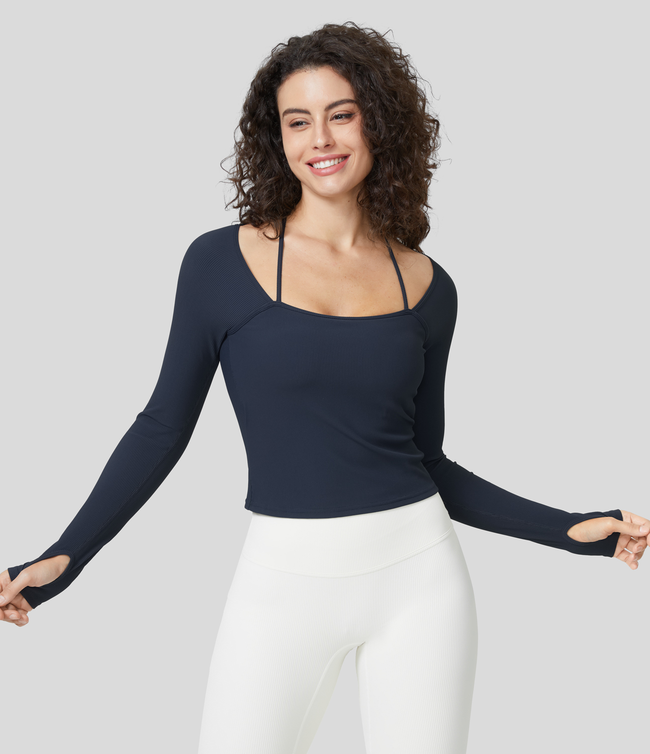 Halara Ribbed Halter Strap Thumb Hole Yoga Sports Top  - Navy Blazer - S(Long) 