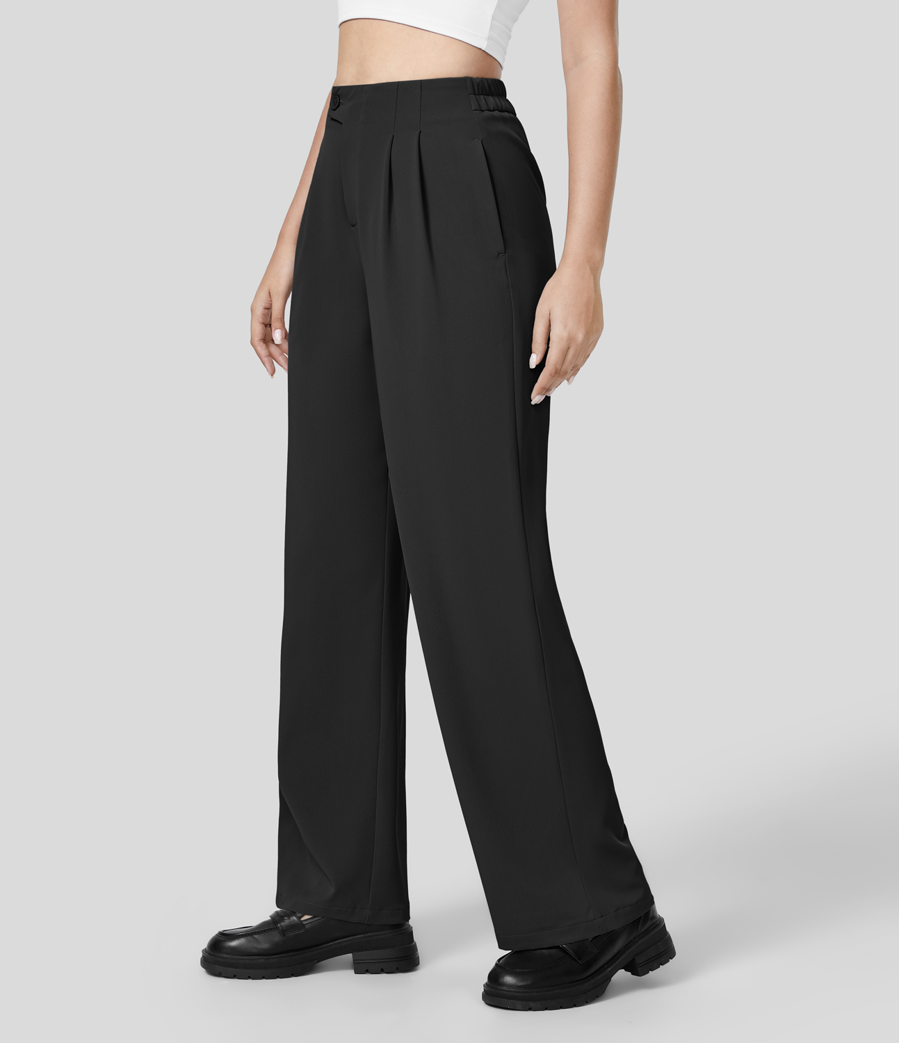 Halara High Waisted Button Zipper Plicated Side Pocket Straight Leg Work Pants  - Black - M(regular) sweatpants jogger pants 