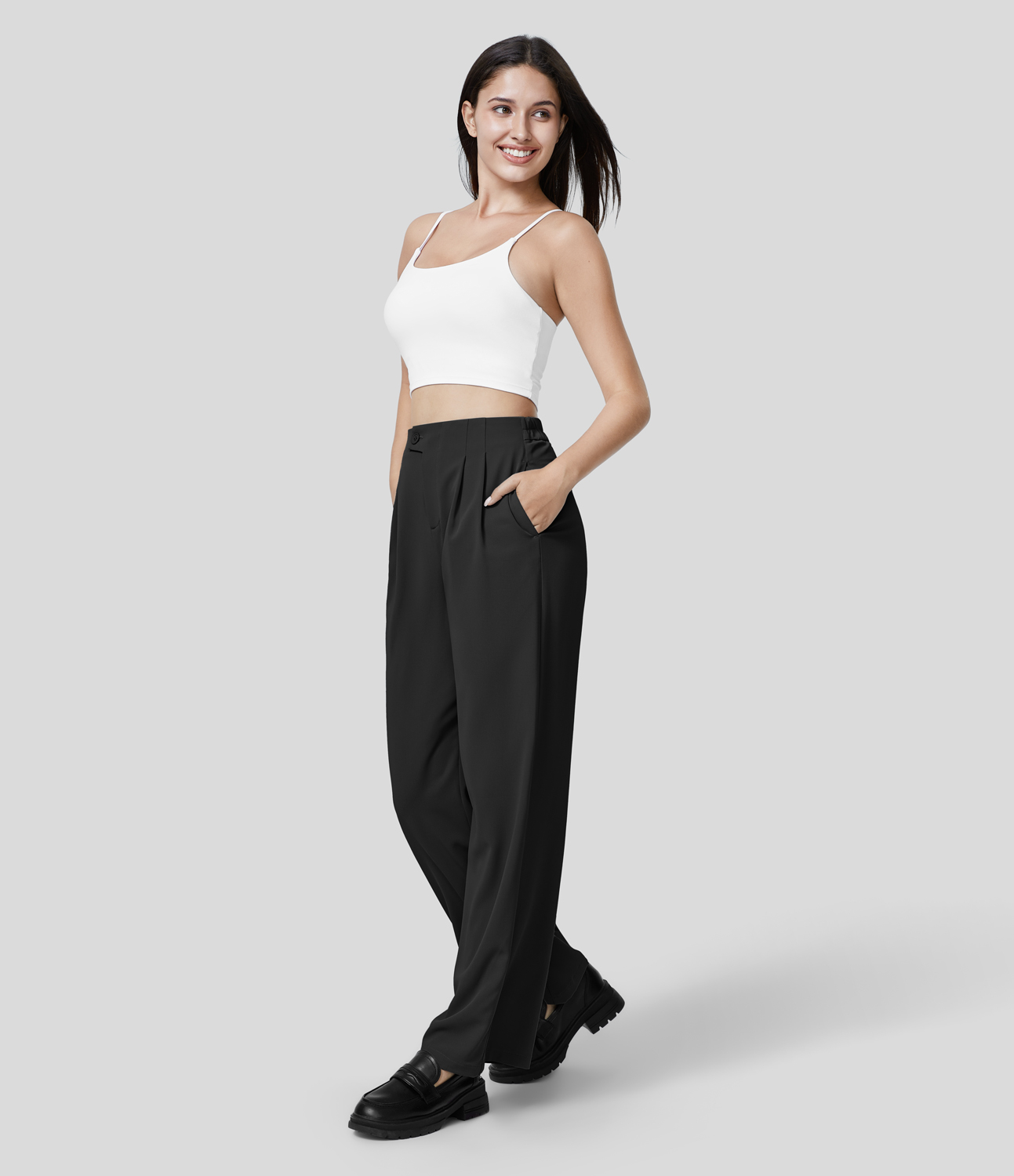 Halara High Waisted Button Zipper Plicated Side Pocket Straight Leg Work Pants  - Black - M(regular) sweatpants jogger pants 