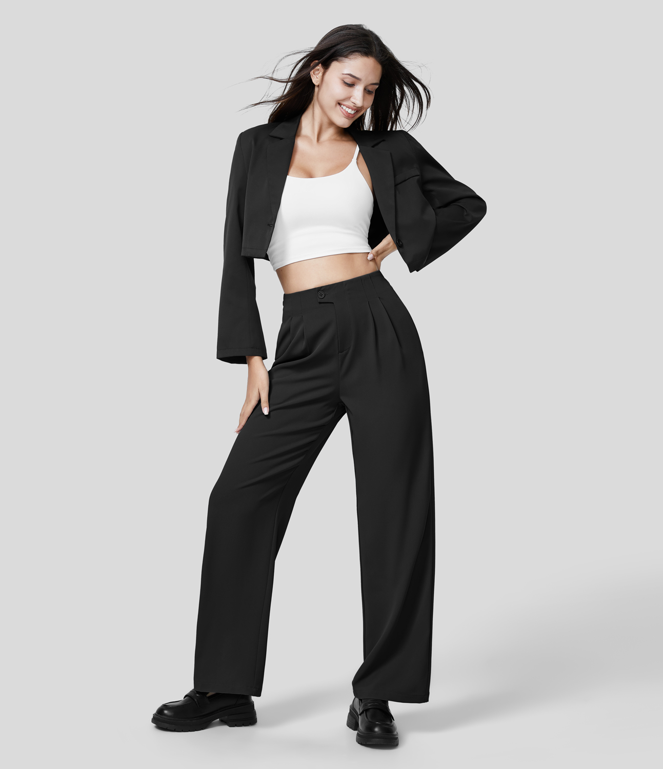 Halara High Waisted Button Zipper Plicated Side Pocket Straight Leg Work Pants  - Black - M(regular) sweatpants jogger pants 