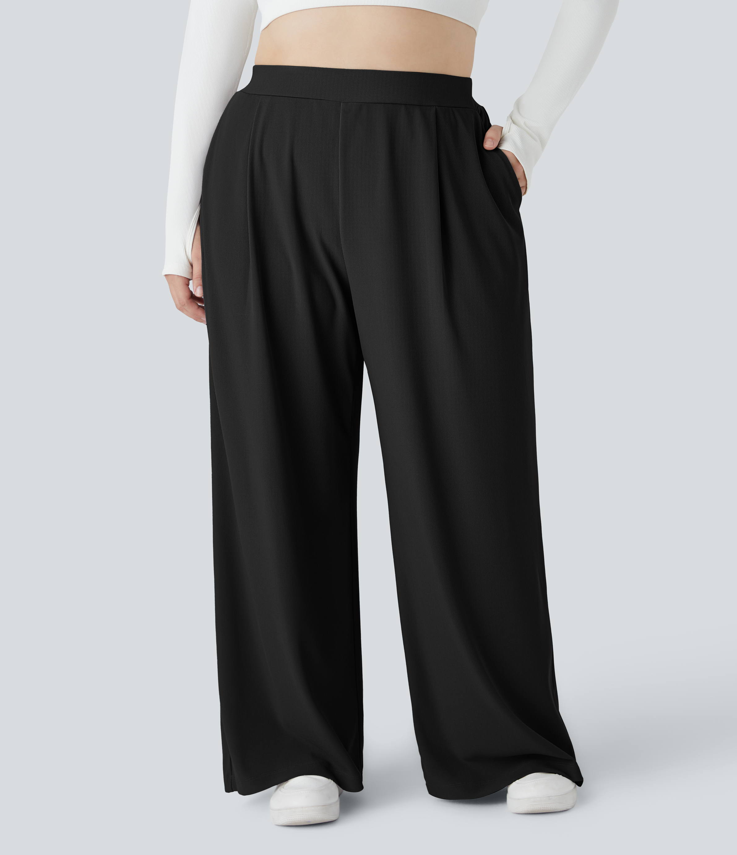Halara Halara Flexв„ў High Waisted Body Sculpt Waist-Slimming Side Pocket Wide Leg Micro Waffle Plus Size Work Pants  - Black - 2X(regular) 