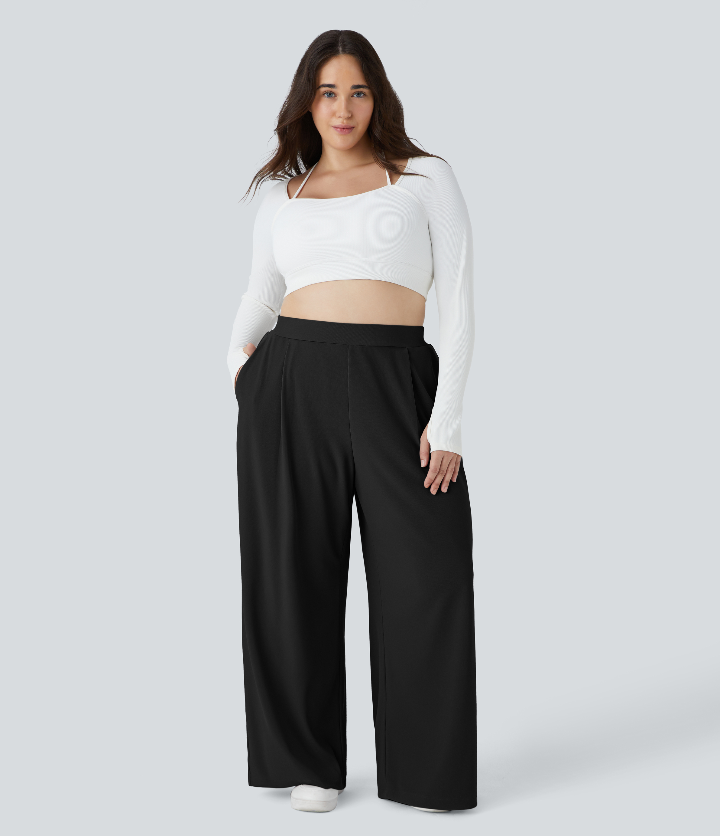 Halara Halara Flexв„ў High Waisted Body Sculpt Waist-Slimming Side Pocket Wide Leg Micro Waffle Plus Size Work Pants  - Black - 2X(regular) 