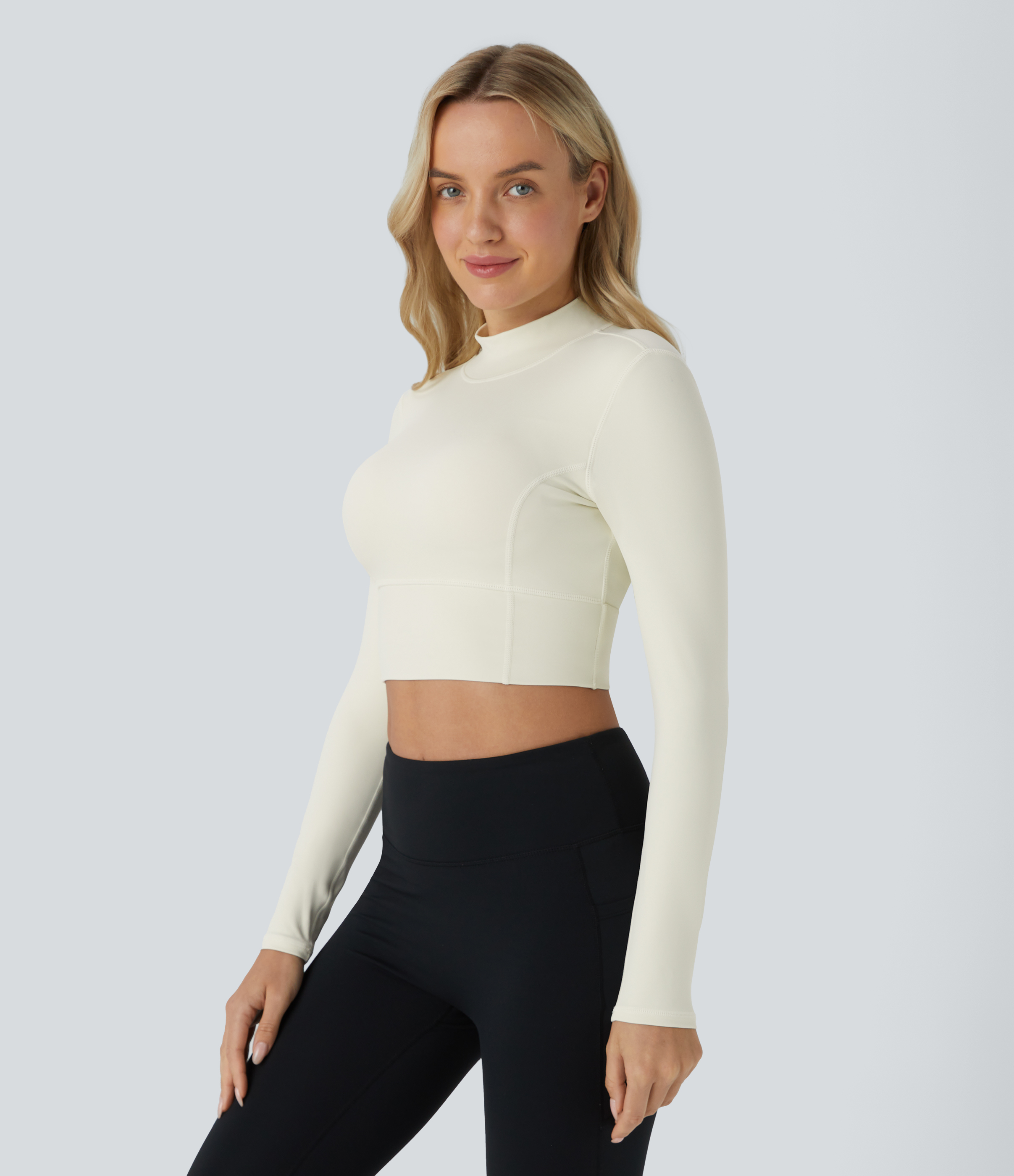 Halara Backless Long Sleeve Cropped Yoga Top Tank Top - Lily White - S golf tops halter top tunic tops sleeveless tops backless top 