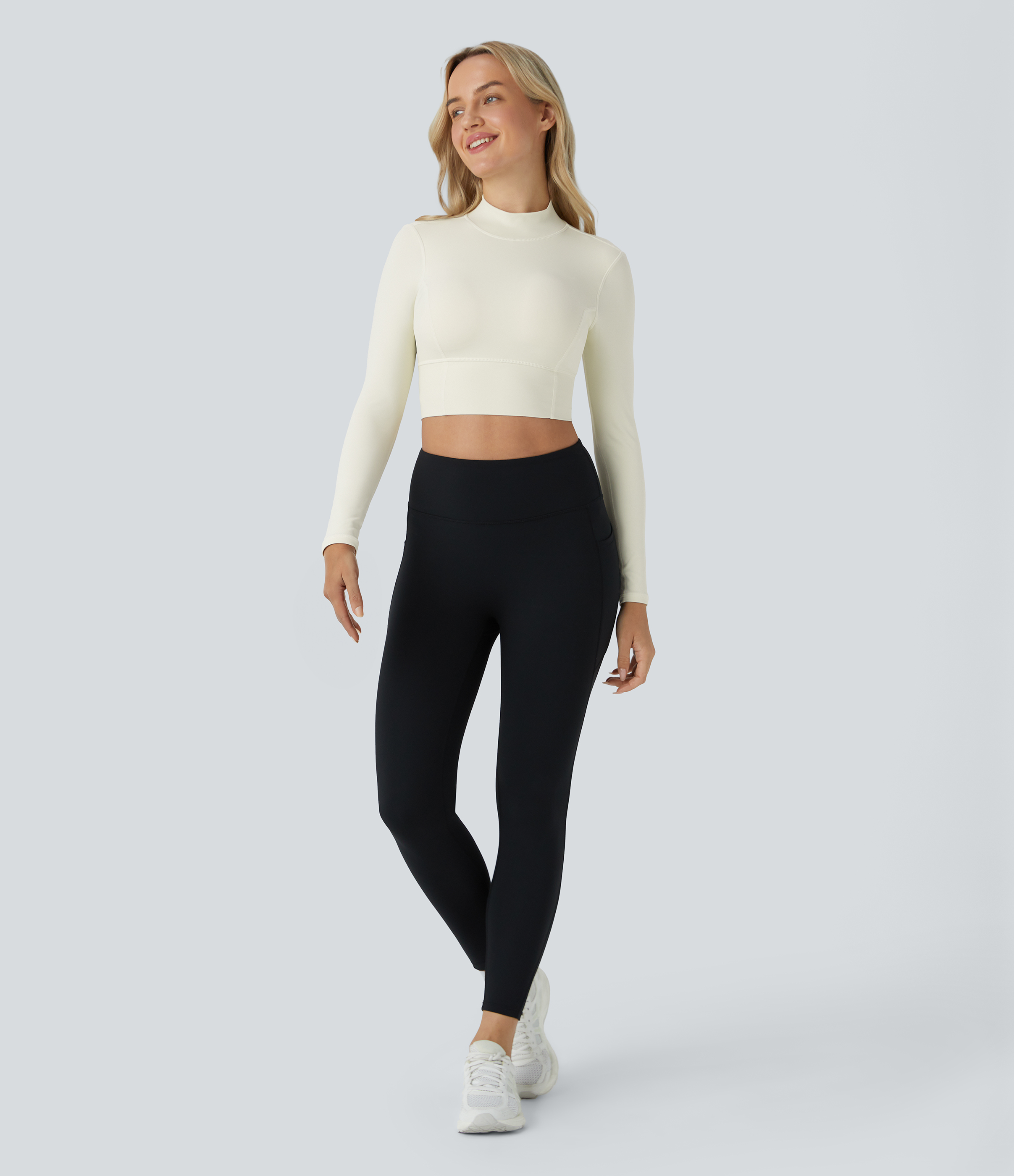 Halara Backless Long Sleeve Cropped Yoga Top Tank Top - Lily White - S golf tops halter top tunic tops sleeveless tops backless top 