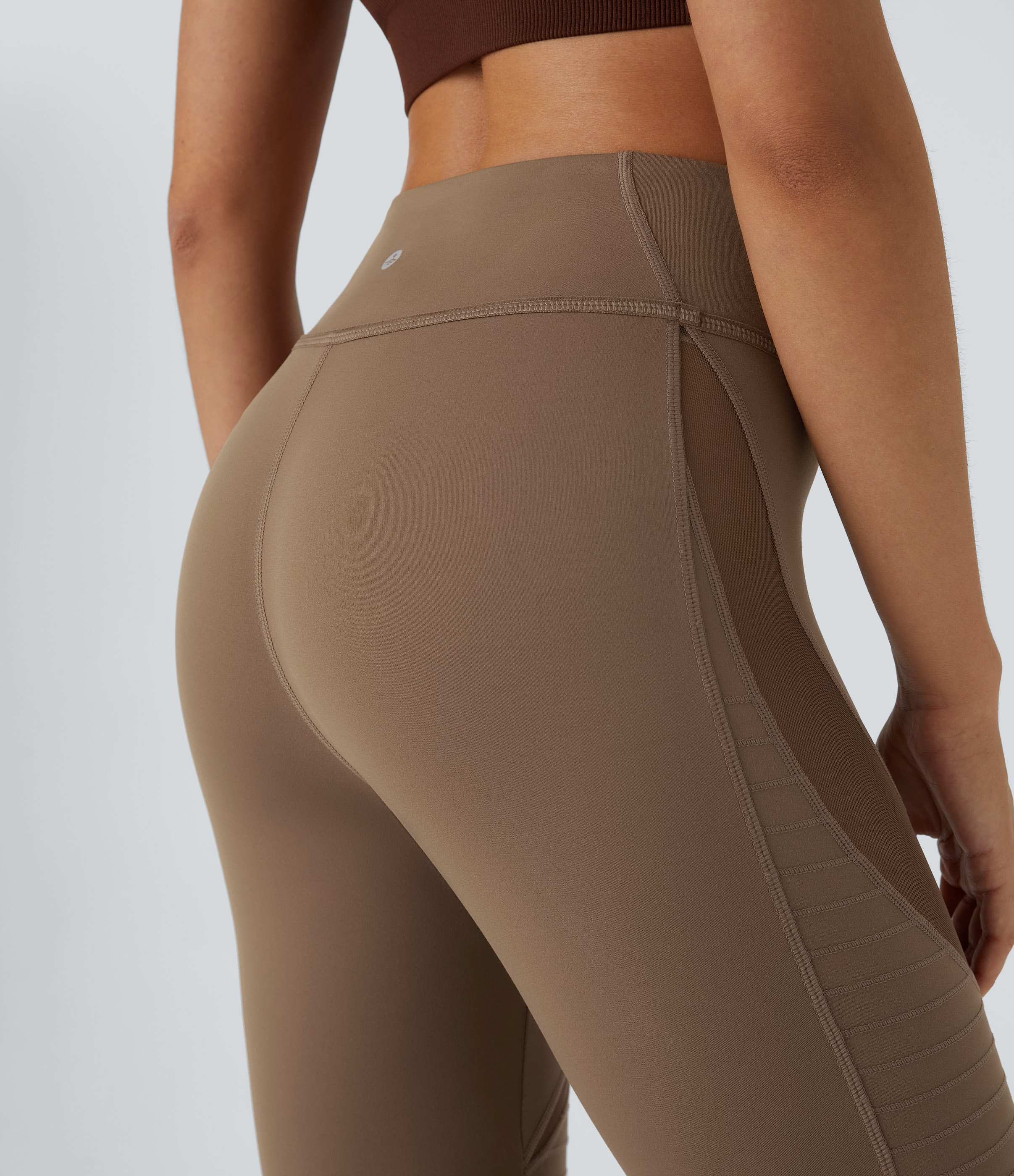 Halara High Waisted Contrast Mesh Top-stitching 7/8 Casual Moto Leggings  - Sepia - M(7/8) gym leggings leggings with pockets 