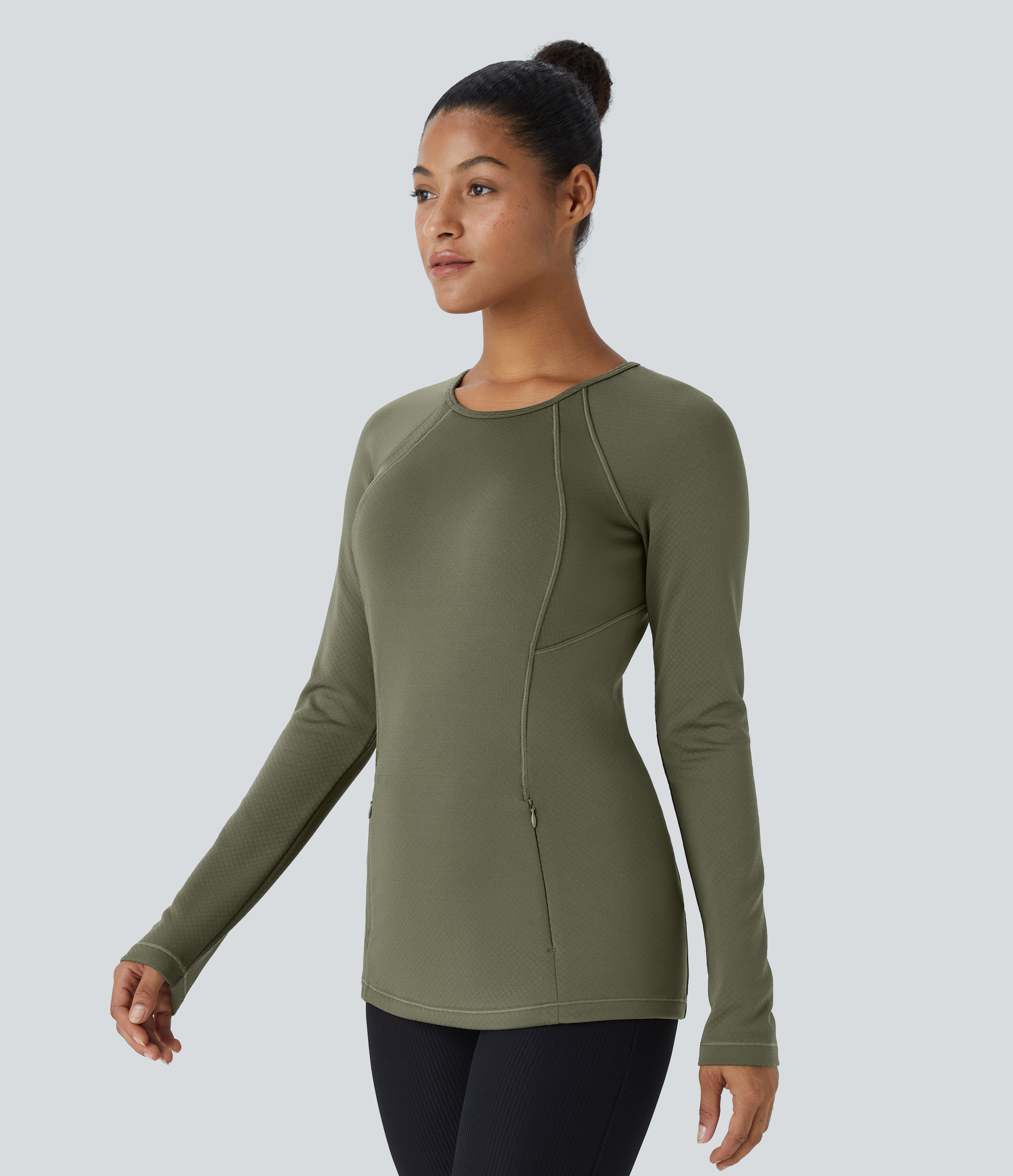 Halara 3D Thermal Round Neck Side Zip Pocket Bodycon Casual Sports Sweatshirt  - Grass Grey Green - XS 