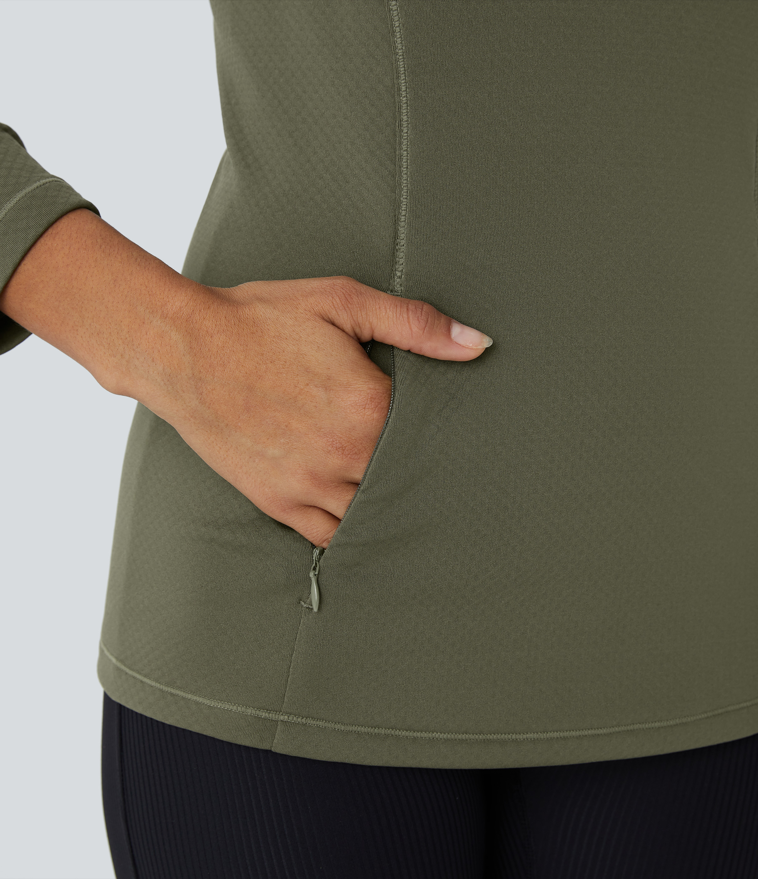 Halara 3D Thermal Round Neck Side Zip Pocket Bodycon Casual Sports Sweatshirt  - Grass Grey Green - XS 