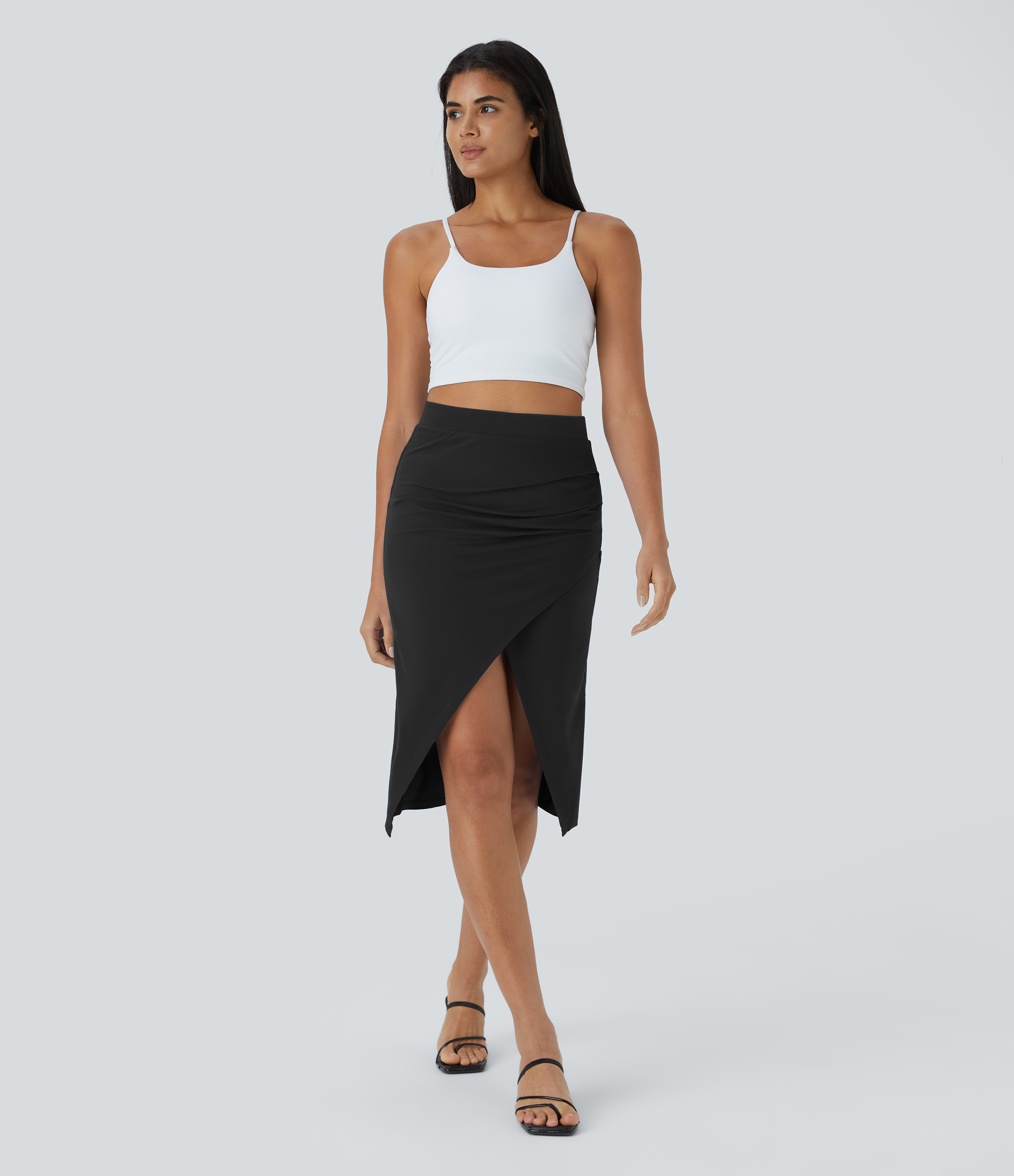 Halara Ruched Split Hem Bodycon Midi Casual Skirt  - Black - XL 