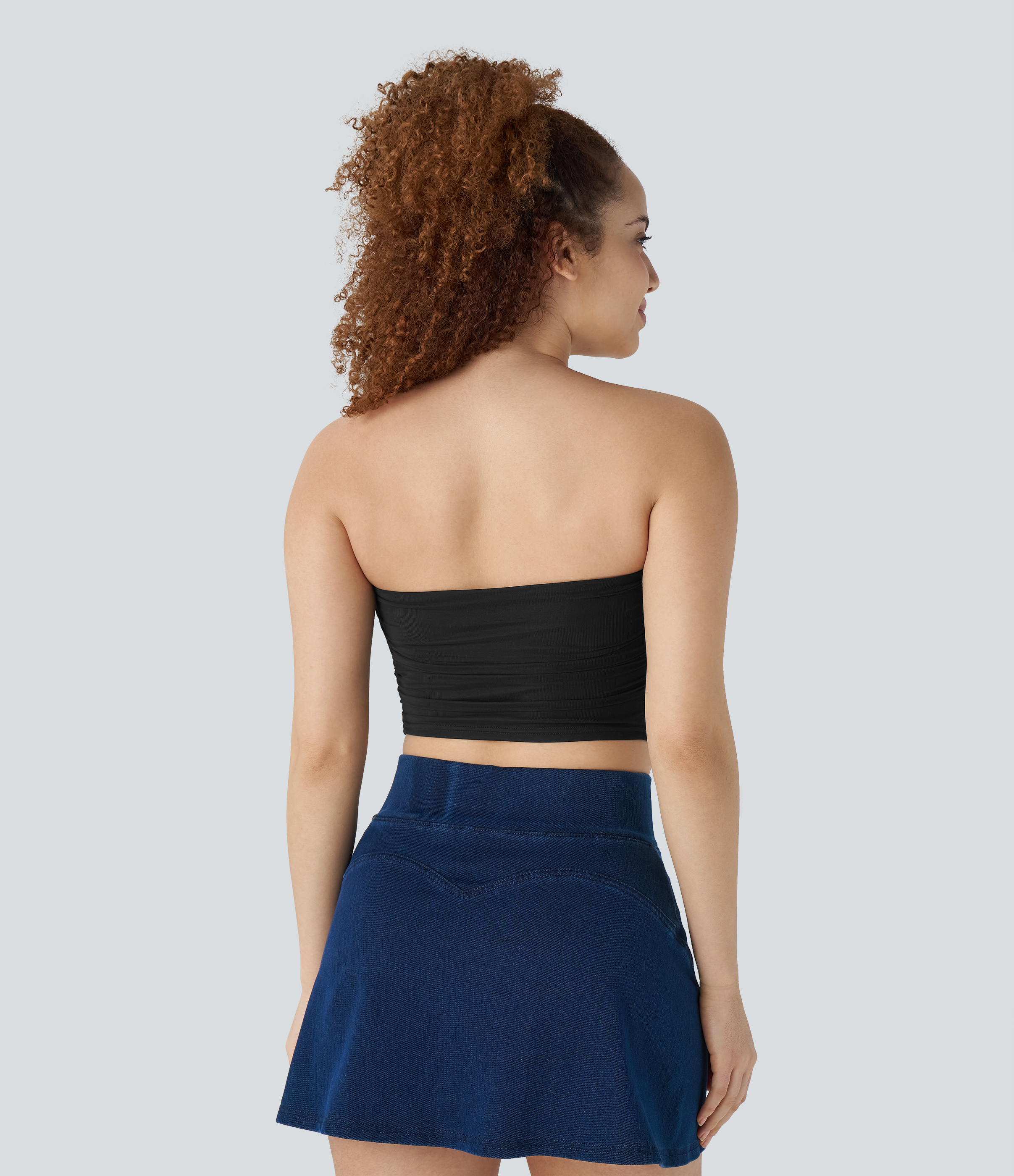 Halara Tube Backless Ruched Contrast Mesh Cropped Casual Top Tank Top - Black - XS golf tops halter top tunic tops sleeveless tops 