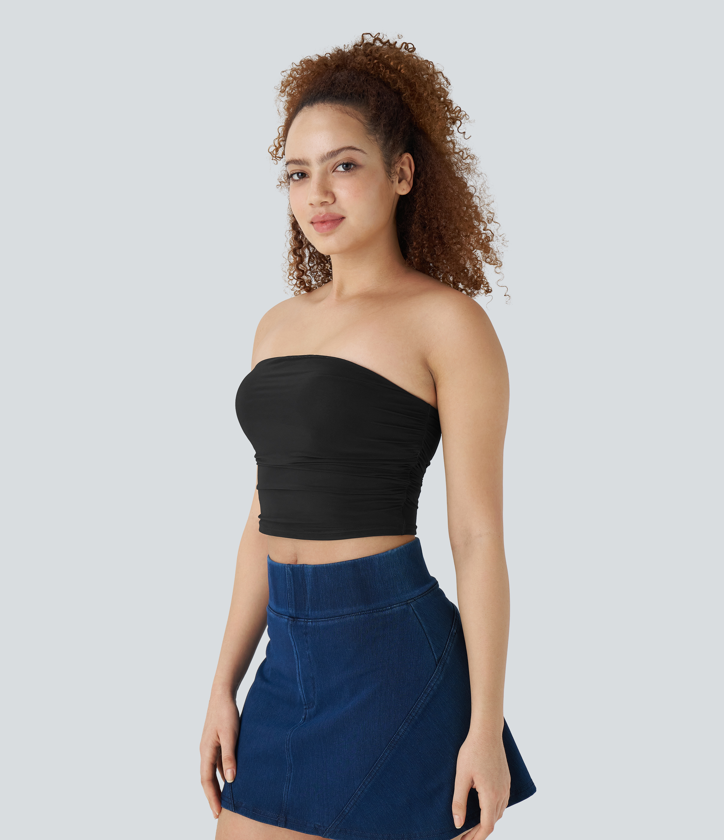 Halara Tube Backless Ruched Contrast Mesh Cropped Casual Top Tank Top - Black - XS golf tops halter top tunic tops sleeveless tops 