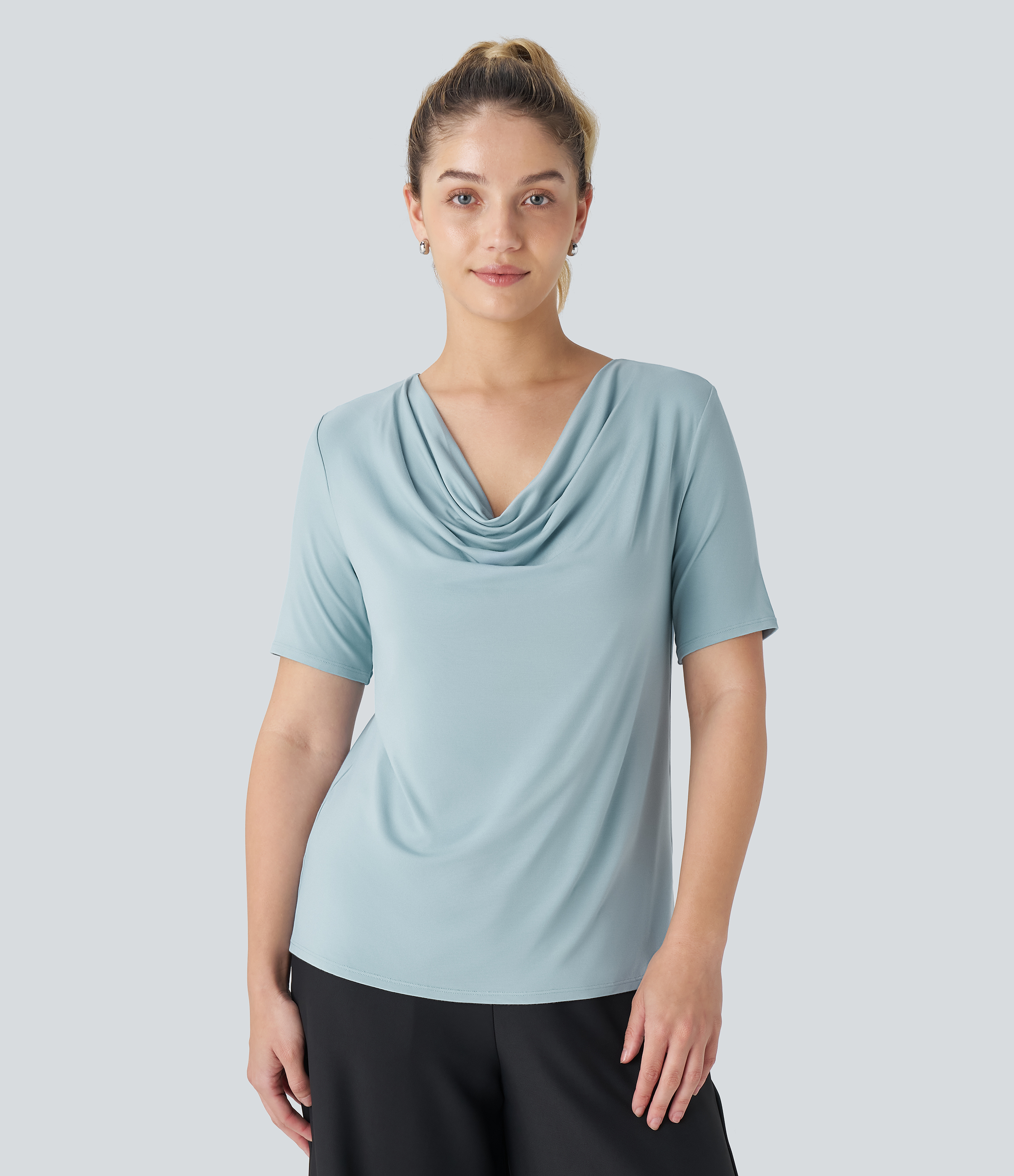 Halara Cowl Neck Short Sleeve Work Top Tank Top - Sterling Blue - M golf tops halter top tunic tops sleeveless tops backless top 