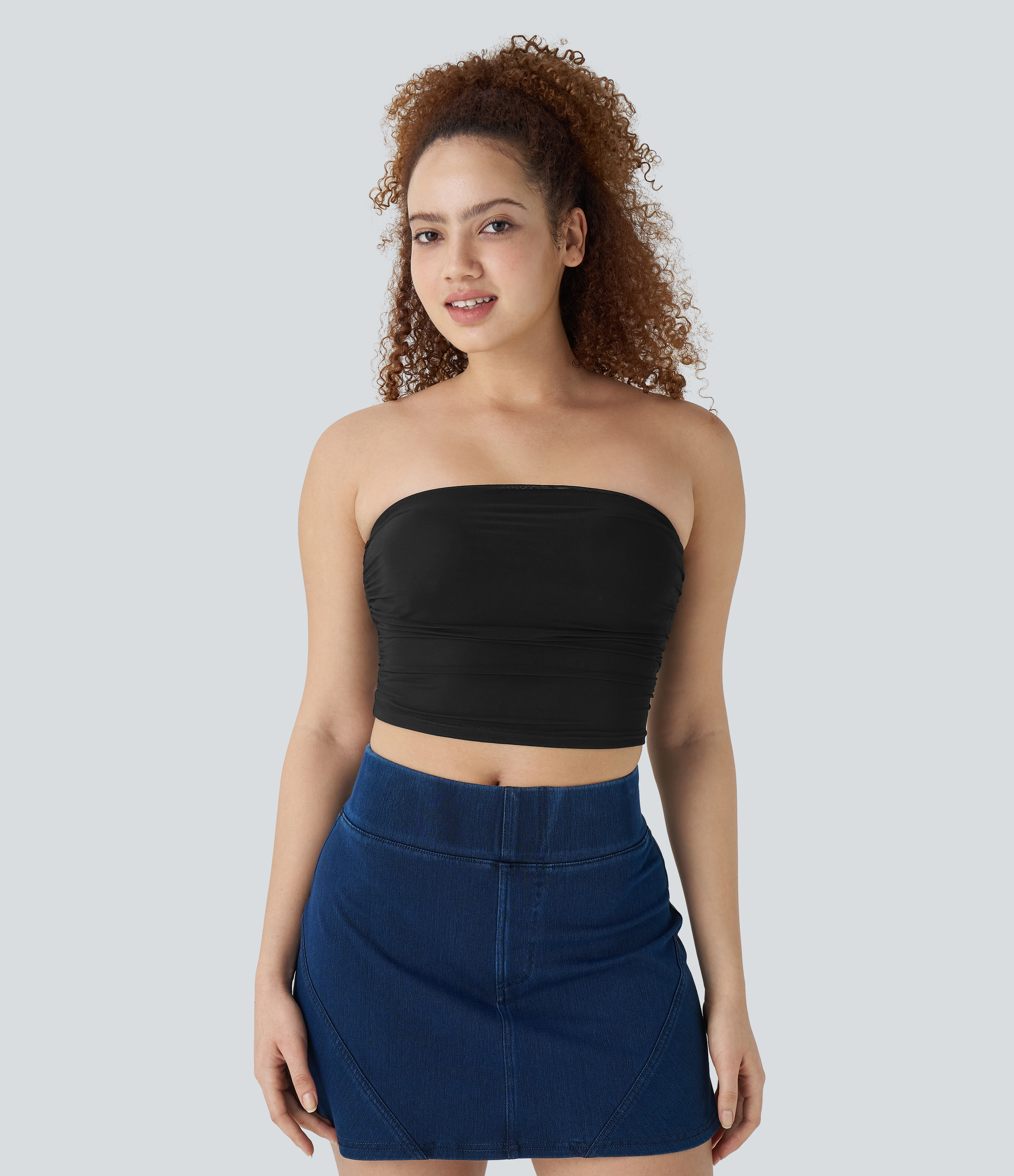 Halara Tube Backless Ruched Contrast Mesh Cropped Casual Top Tank Top - Black - XS golf tops halter top tunic tops sleeveless tops 