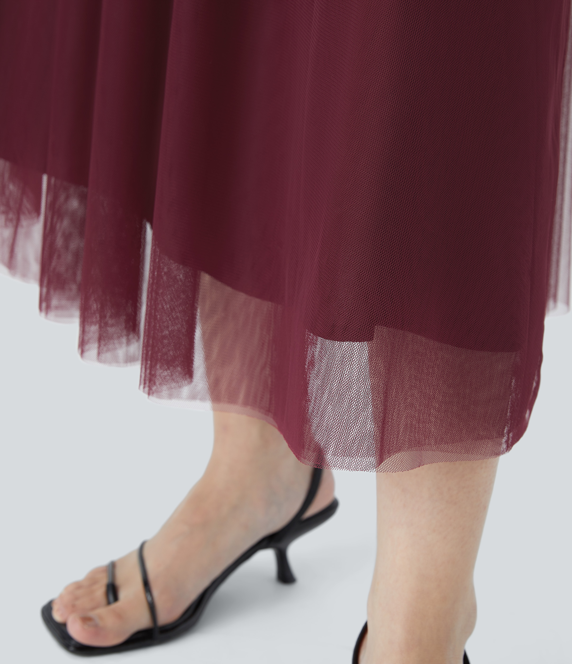 Halara High Waisted Mesh Overlay Flowy Flare Midi Casual Skirt  - Zinfandel - M(regular) 