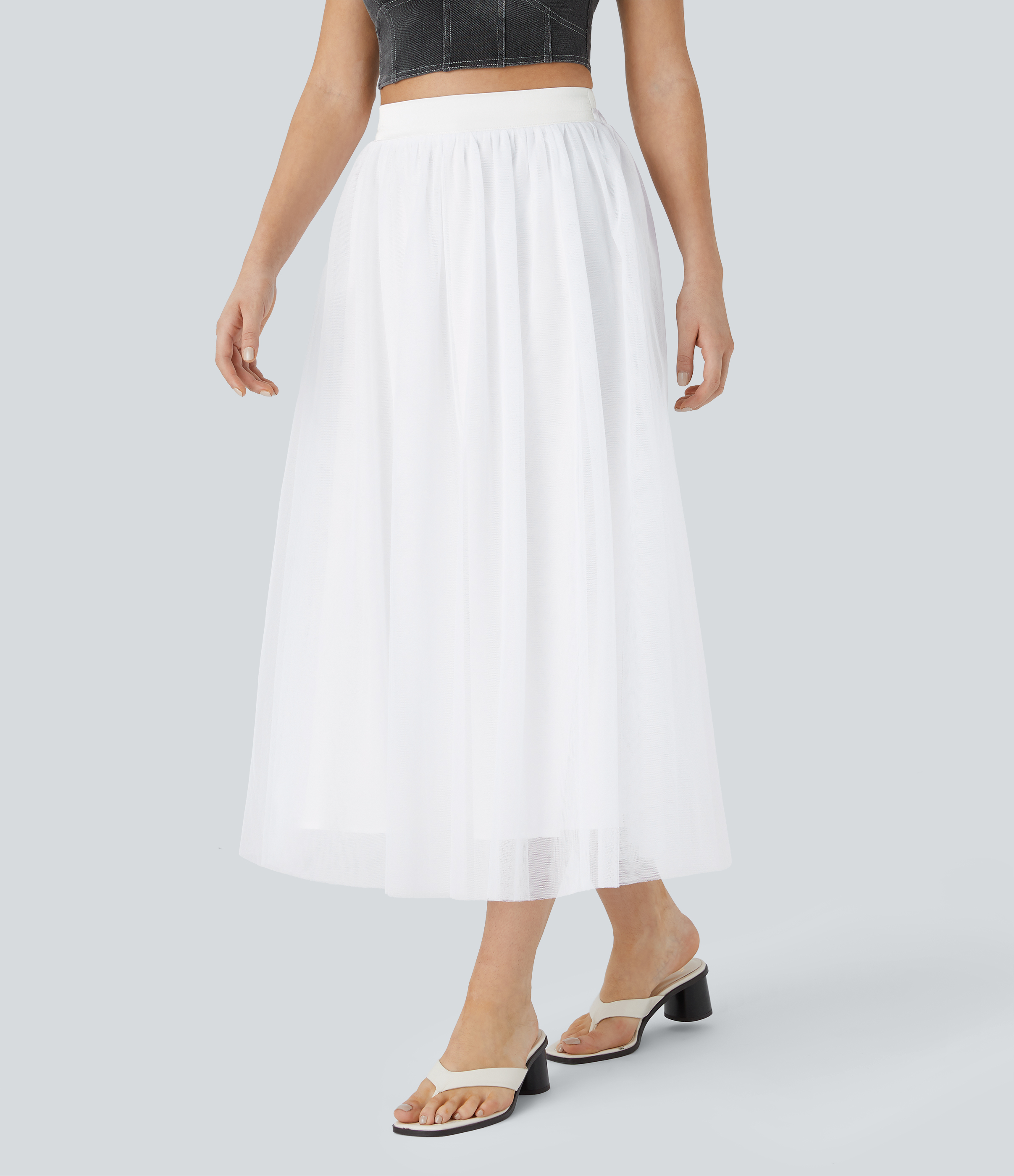 Halara High Waisted Mesh Overlay Flowy Flare Midi Casual Skirt  - White - XL(regular) 
