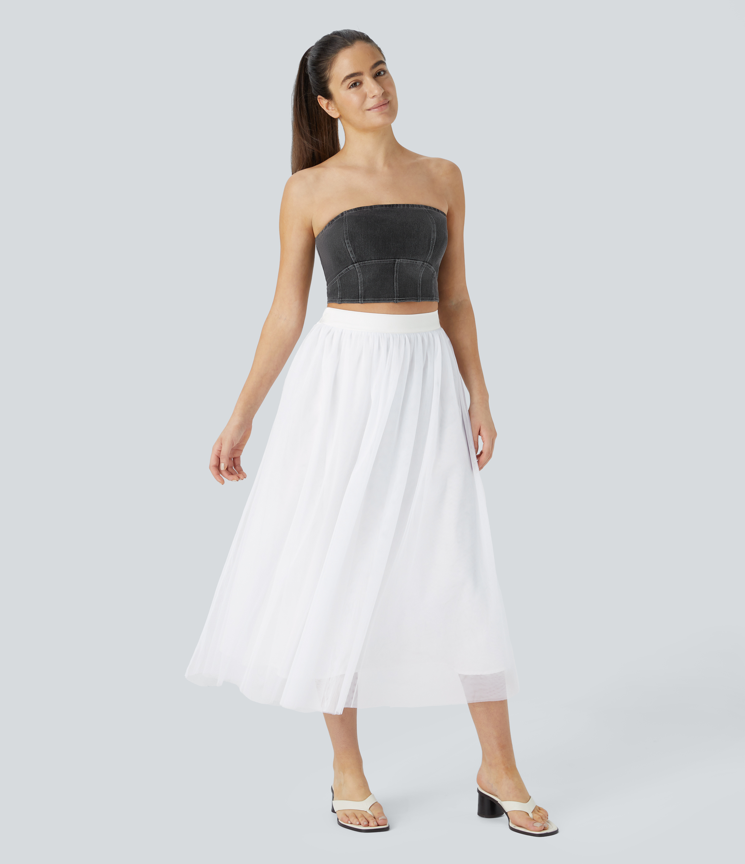 Halara High Waisted Mesh Overlay Flowy Flare Midi Casual Skirt  - White - XL(regular) 