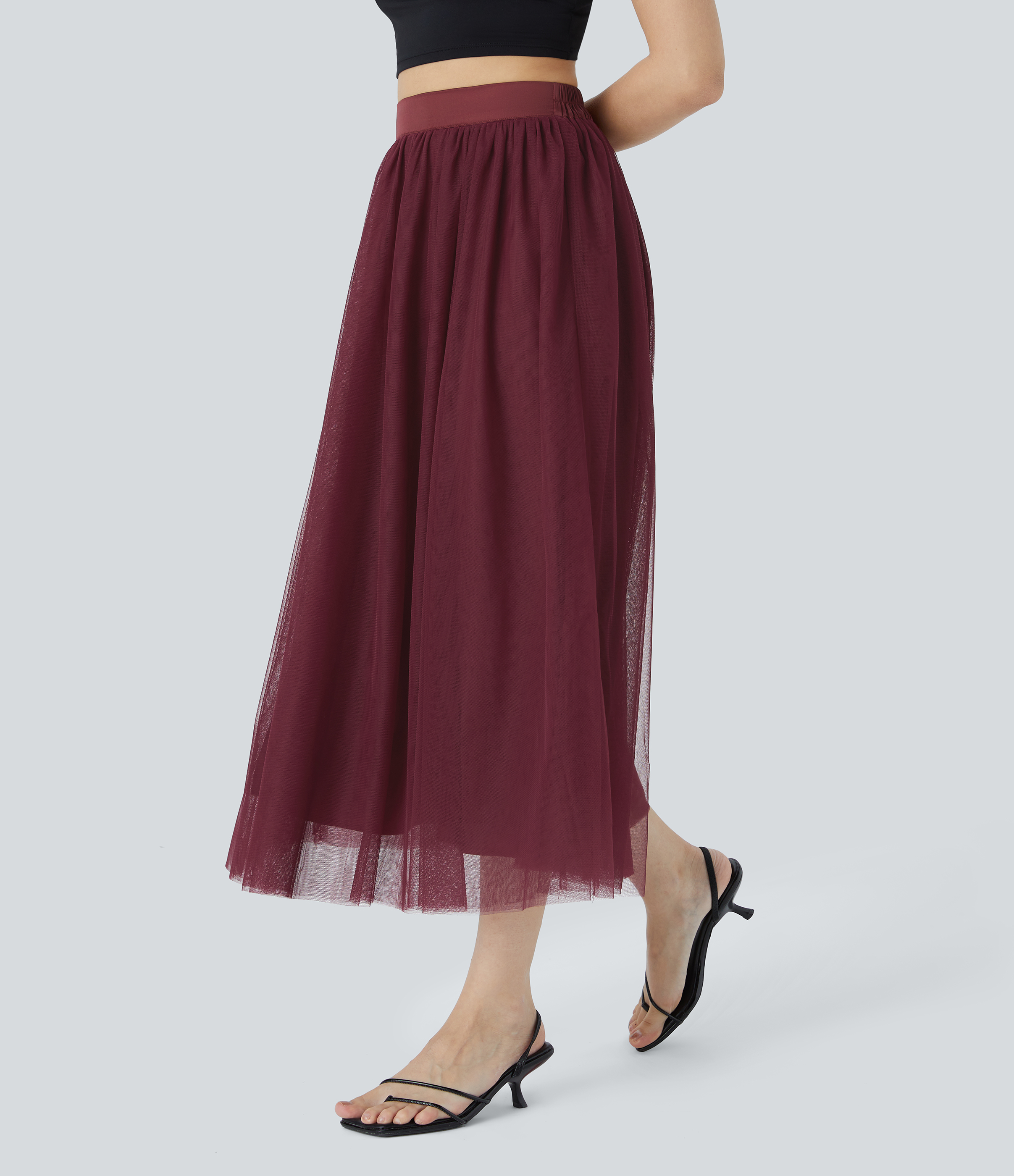 Halara High Waisted Mesh Overlay Flowy Flare Midi Casual Skirt  - Zinfandel - M(regular) 