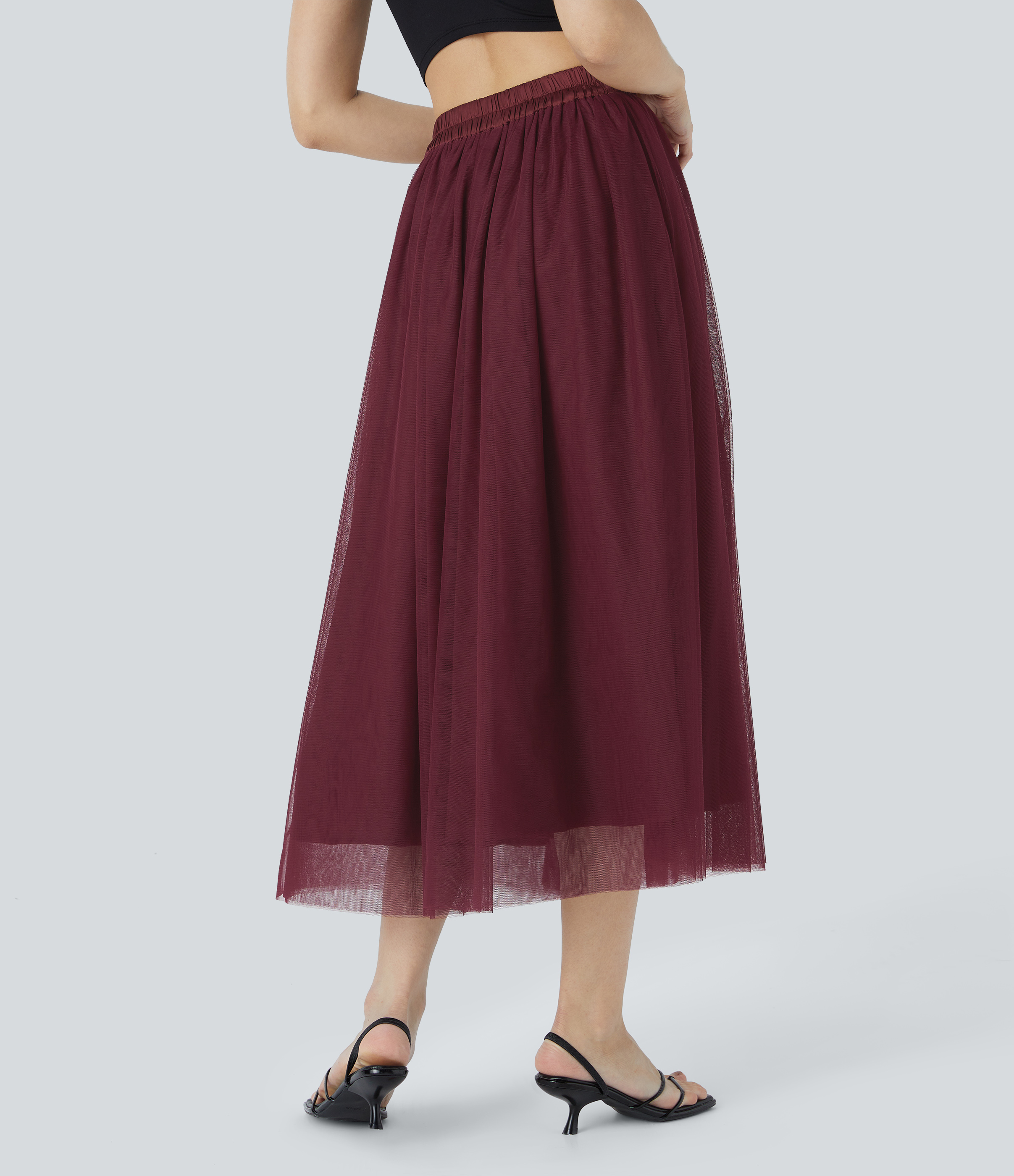 Halara High Waisted Mesh Overlay Flowy Flare Midi Casual Skirt  - Zinfandel - M(regular) 