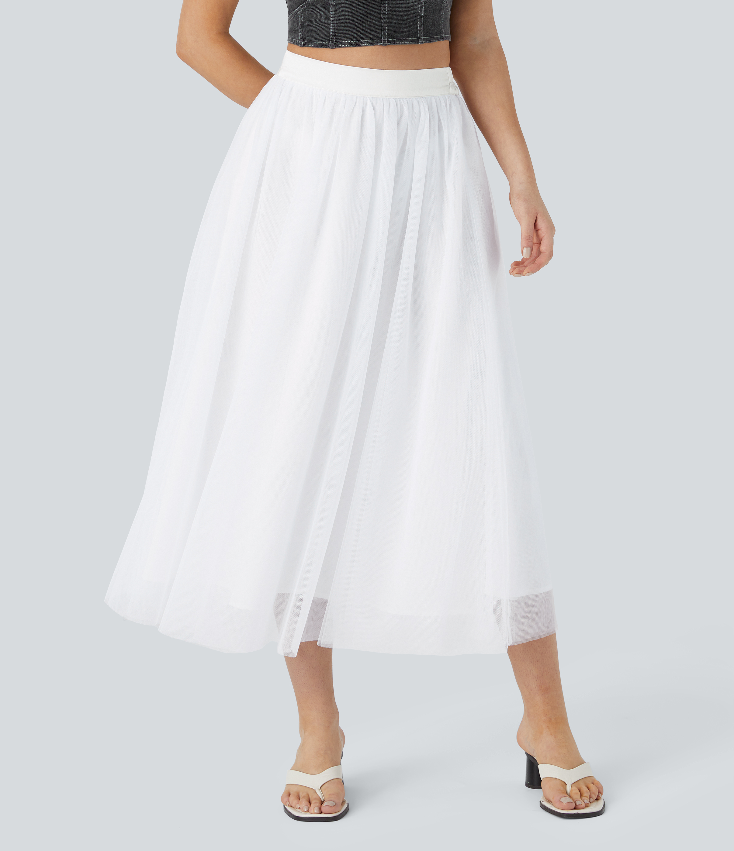 Halara High Waisted Mesh Overlay Flowy Flare Midi Casual Skirt  - White - XL(regular) 