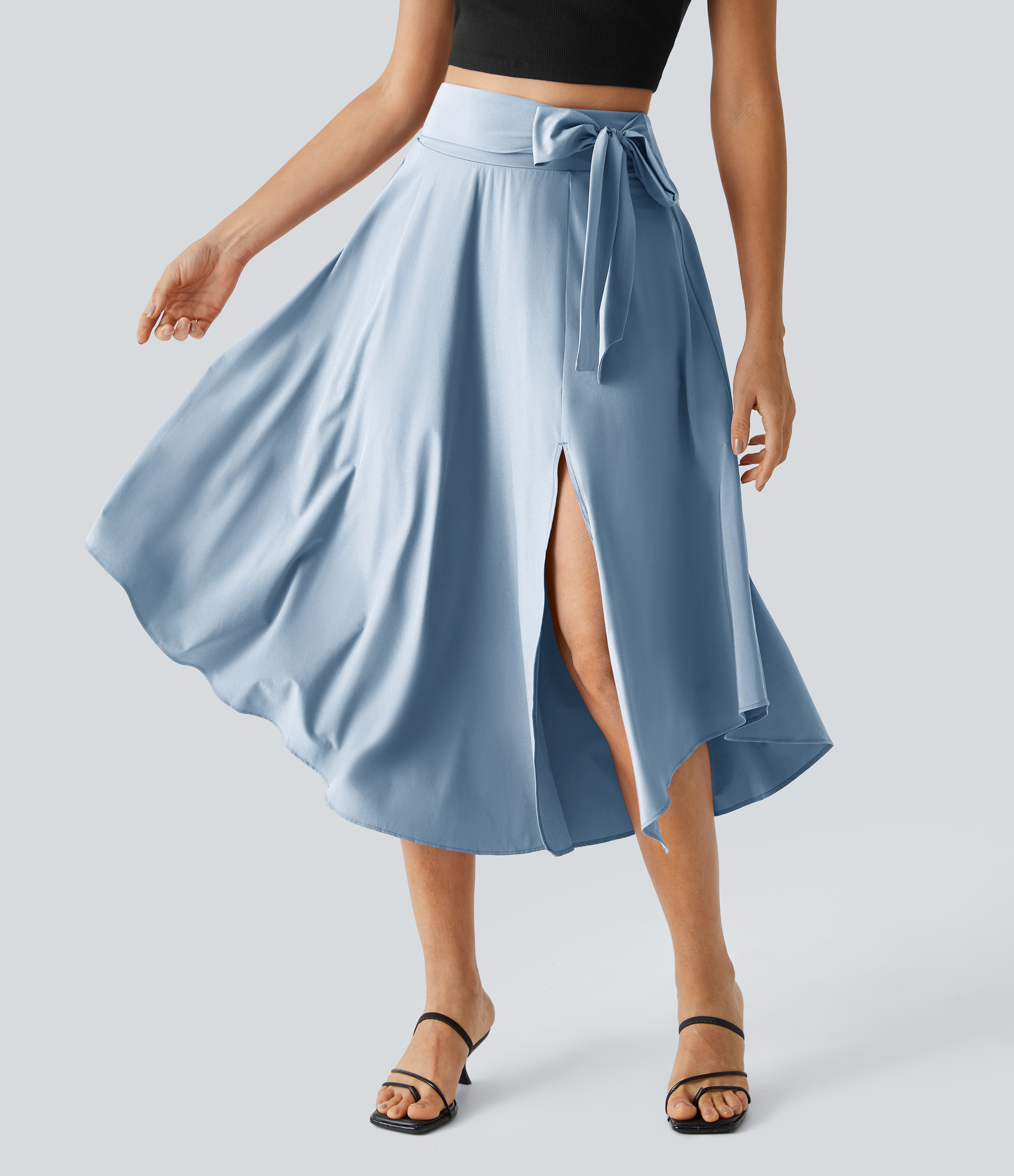 Halara Breezefulв„ў High Waisted Tie Side Split 2-in-1 Curved Hem Flowy Flare Quick Dry Midi Casual Skirt  - Ballad Blue - XS(regular) 