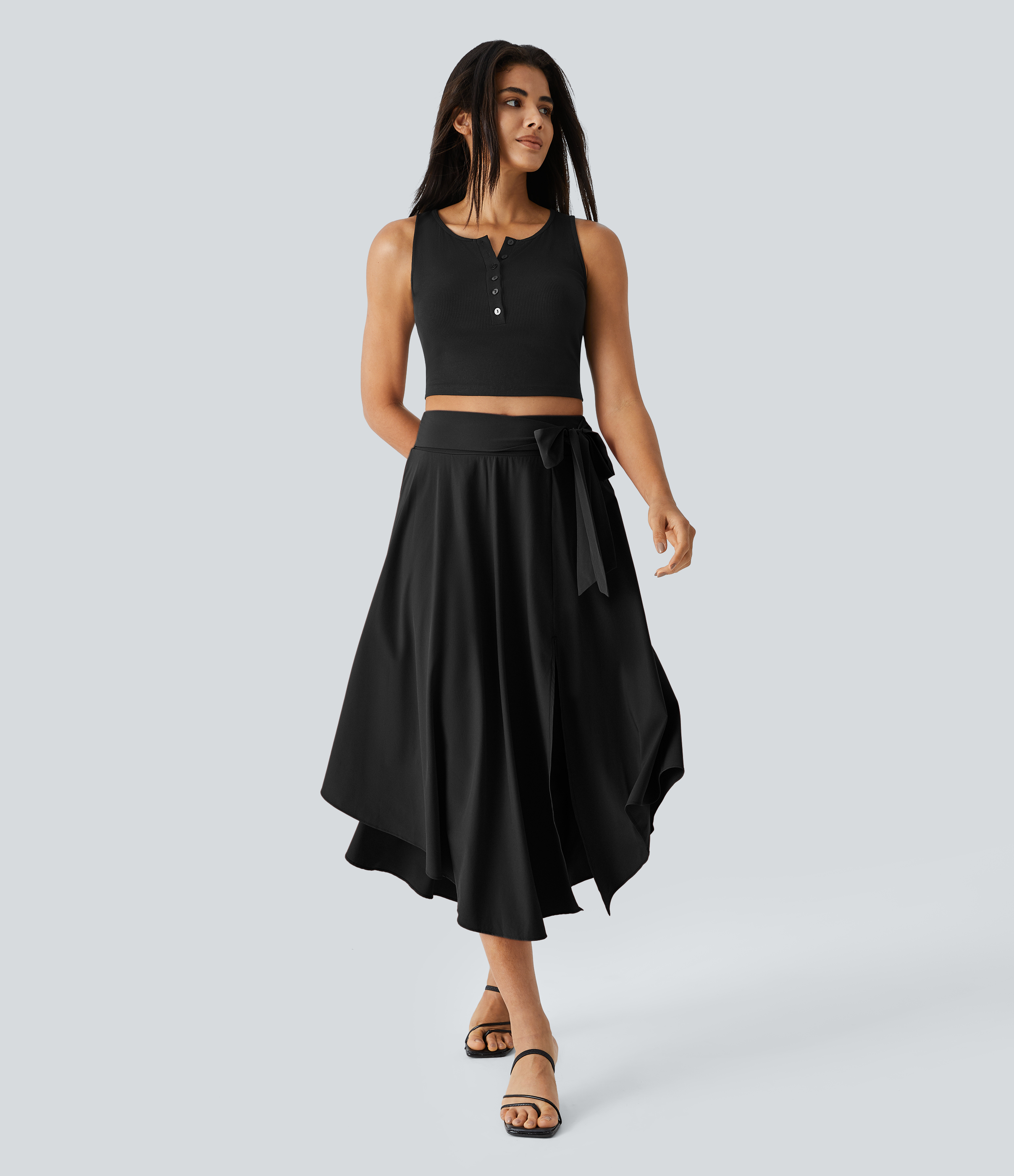 Halara Breezefulв„ў High Waisted Tie Side Split 2-in-1 Curved Hem Flowy Flare Quick Dry Midi Casual Skirt  - Black - M(regular) 